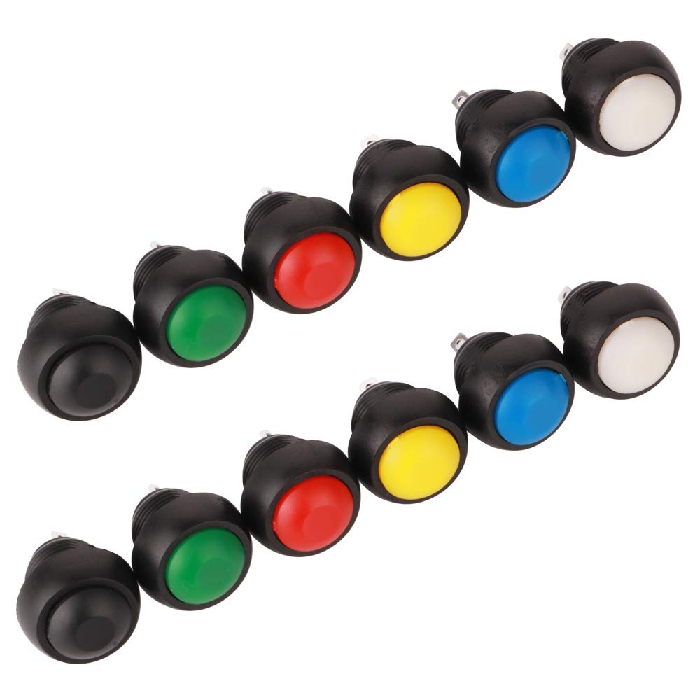 GTIWUNG 12個 丸いボタンスイッチ 押しボタンスイッチ SPST ON/OFF モメンタリノンロックプッシュボタンスイッチ (装着内径12mm) (赤、緑、黄、青、黒、白)