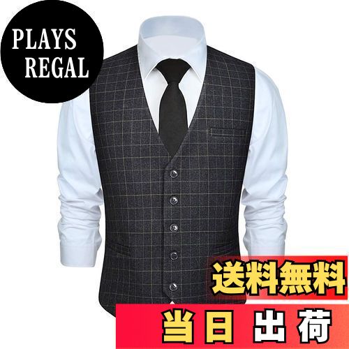 [HISDERN] スーツ ベスト メンズ チェック柄 ダークグレー 5ボダン 3ポケット スリム Vネック 尾錠付き ビジネス 結婚式 ジレベスト フィット サイズXL