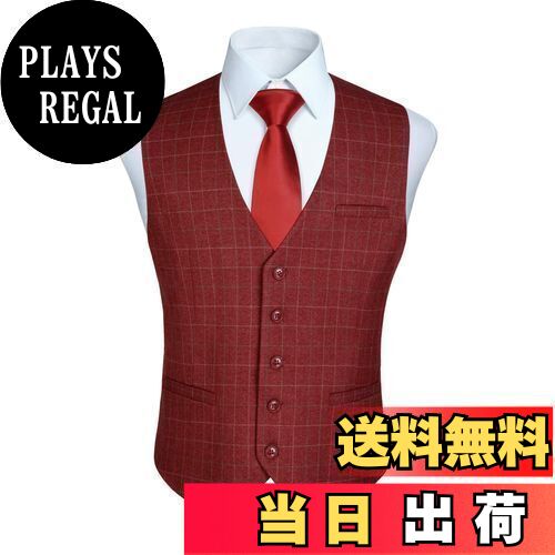 [HISDERN] スーツ ベスト メンズ チェック柄 レッド 5ボダン 3ポケット スリム Vネック 尾錠付き ビジネス 結婚式 ジレベスト フィット サイズXS