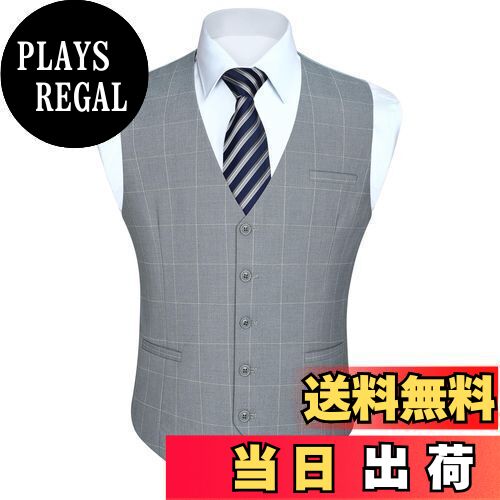 【送料無料】[HISDERN] スーツ ベスト メンズ チェック柄 グレー 5ボダン 3ポケット スリム Vネック 尾錠付き ビジネス 結婚式 ジレベスト フィット サイズXL