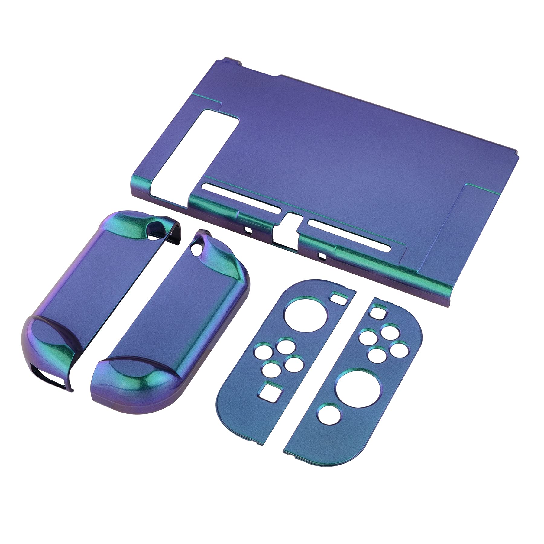 eXtremeRate PlayVital Switchコンソールに対応用グロッシーバックカバー、NS Joyconハンドヘルドコントローラー分離可能プロテクターハードシェル、Switch用にカスタマイズされたドッキングできる保護ケース【カメレオングリーンパープル】