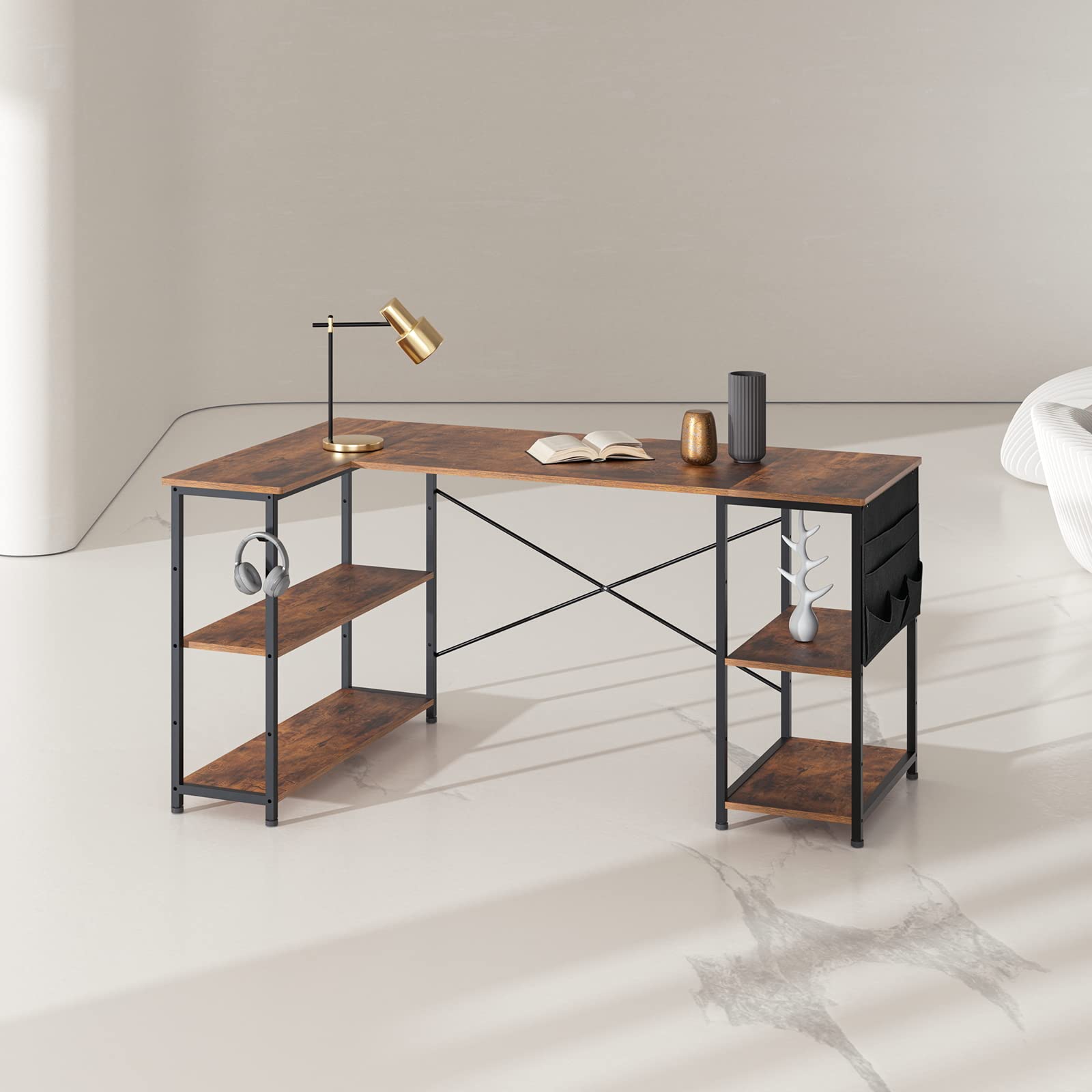 【送料無料】YeTom l字デスク ゲーミングデスク デスク 幅150cm pcデスク コーナーデスク 棚板高さ調節可能 収納袋付き L字型 PC 勉強机 作業 在宅勤務 リモートワーク ゲーム 書斎 収納ラック付き ビンテージ