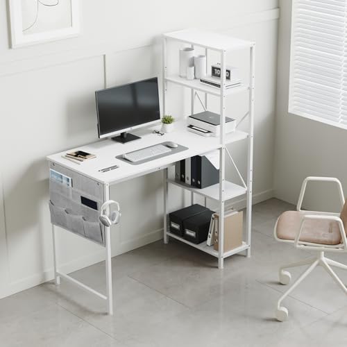 【送料無料】YeTom 机 pcデスク 勉強机 ?子 幅104cm 作業机 パソコンデスク A4対応 収納袋付き学習机 computer desk 左右入替可 ワークデスク gaming desk 可動式棚板 オフィスデスク 白い [2]