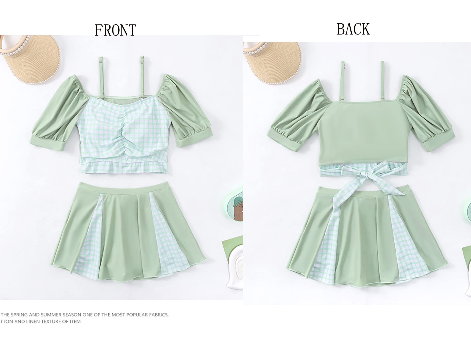 【送料無料】[AILITI] キッズ 水着 女の子 セパレート 2点セット トップス スカート付きショートパンツ バックリボン ガールズ 子供用水着 速乾 (160, グリーン) 3