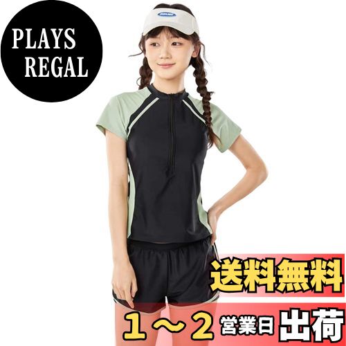 [AILITI] 水着 キッズ 女の子 半袖 ラッシュガード ショートパンツ 上下セット セパレート 水着 UVカット 速乾 スイムウェア ガールズ (170, グリーン)