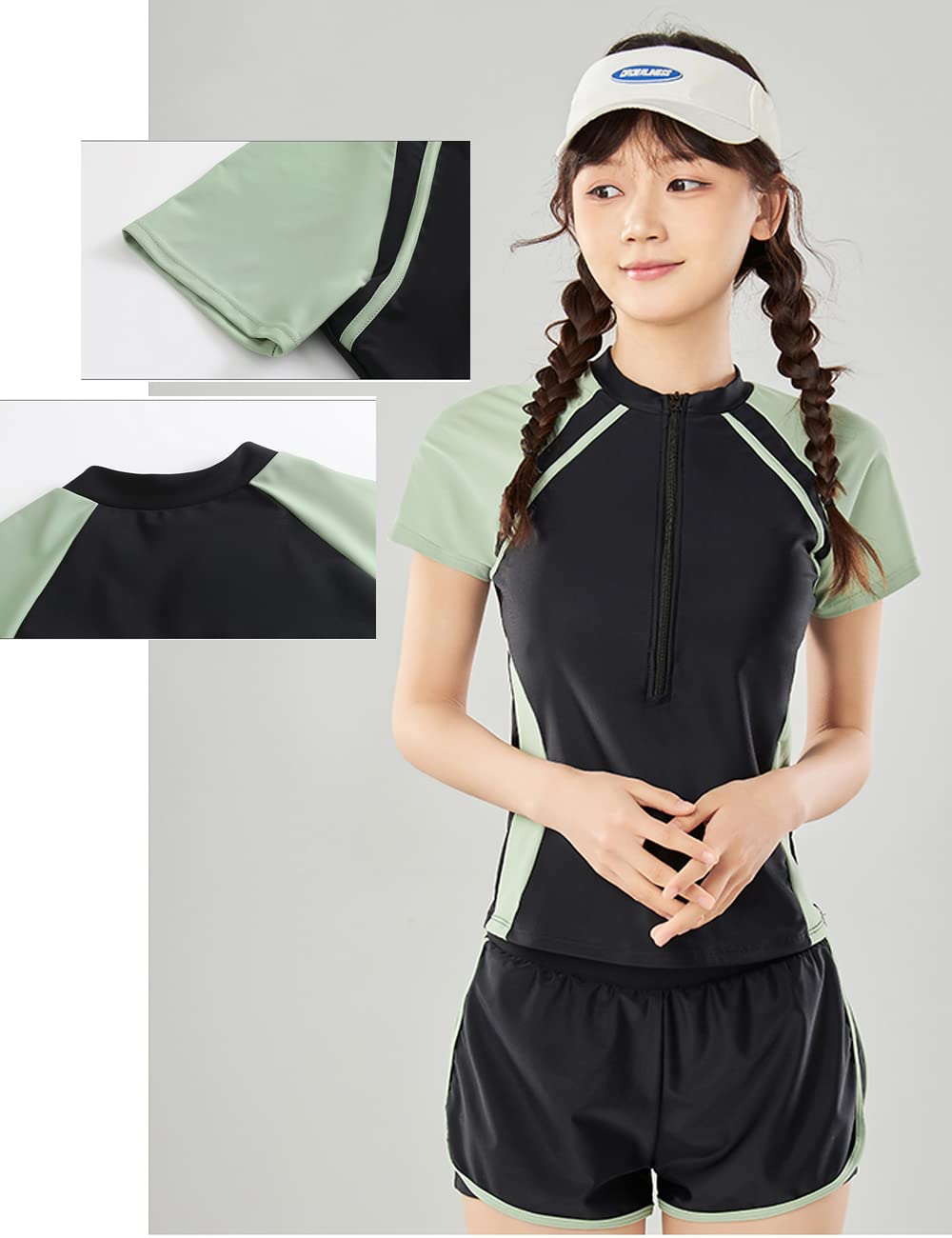 [AILITI] 水着 キッズ 女の子 半袖 ラッシュガード ショートパンツ 上下セット セパレート 水着 UVカット 速乾 スイムウェア ガールズ (170, グリーン)