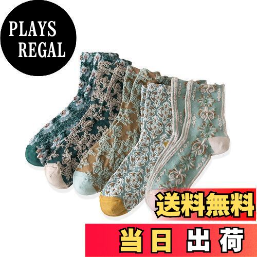 【送料無料】[Doyime] 靴下 レディース ソックス クルーソックス （5足組） カジュアル靴下 暖かい靴下 おしゃれ かわいい 花柄 刺繍 綿 中厚手ソックス 女性用 くつした 防寒 春 夏 秋 冬 こんしょく