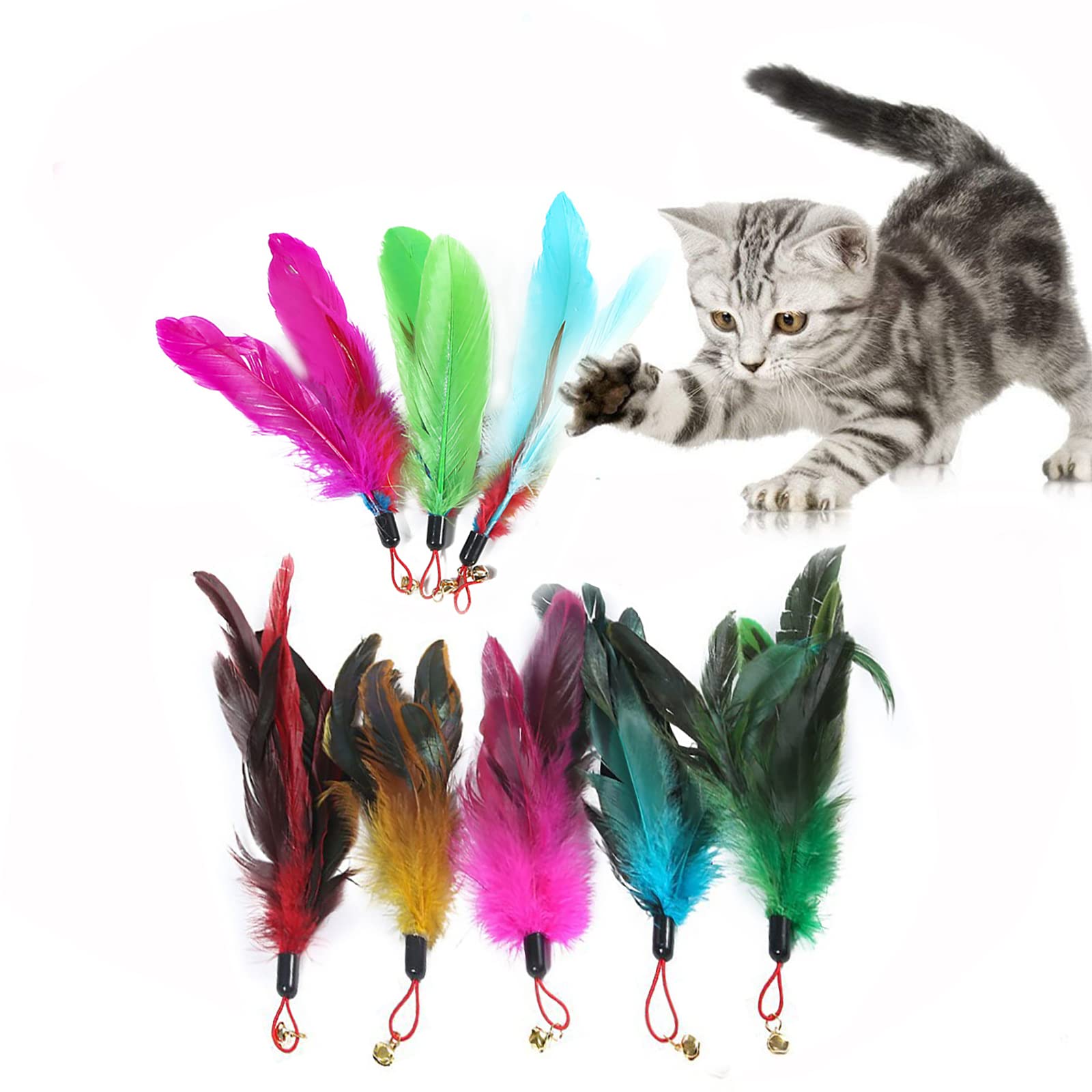 【送料無料】SHULLIN 8個セット 猫の羽のおもちゃ 猫じゃらし 羽のおもちゃ 猫おもちゃ 伸縮できる 釣り竿 交換用鳥の羽根 天然鳥の羽棒 鈴付き 猫ストレス解消おもちゃ 猫のスティックの羽の交換用