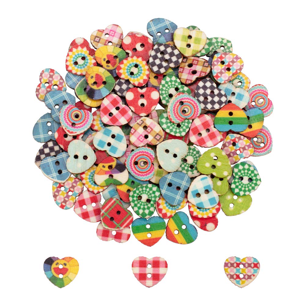 【送料無料】UNICRAFTALE 100個 15mm ボタン 木製ボタン 混合パターン 縫製ボタン 2つ穴 ウッドボタン 染めプリント ハートボタン 花柄 アクセサリーパーツ 人形 お弁当袋 エプロン 裁縫用 手芸材料セット 工芸品 DIY ギフト クラフト ジュエリー用 穴径1.5mm