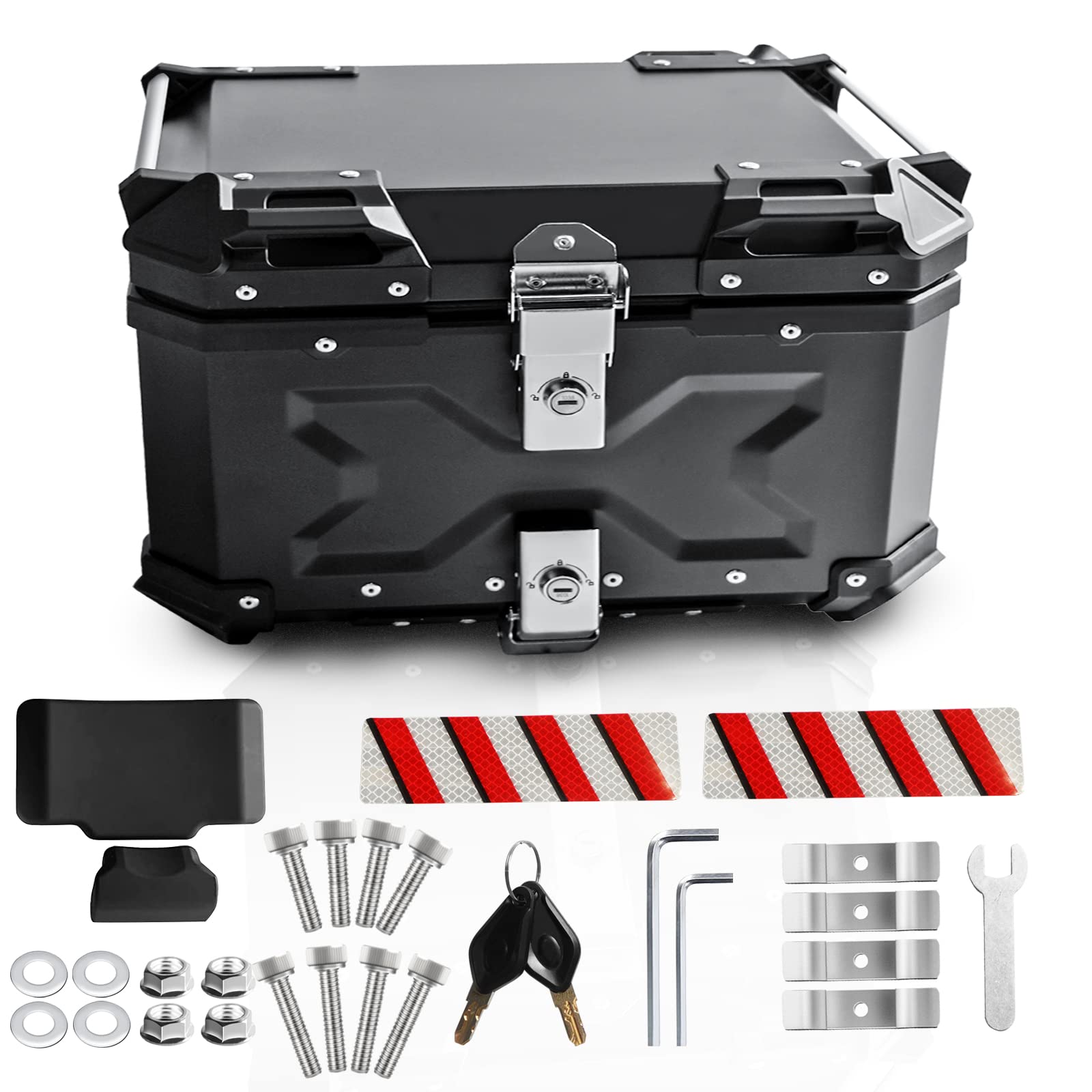 【送料無料】YESHMA 【改善品】 バイク リアボックス 65L バイク用 大容量 トップケース アルミ製 四角 バイク ボックス 汎用 着脱簡単 取り付けベース付き 防犯対策用 鍵2本 バックレスト付き ヘルメット 収納 ブラック