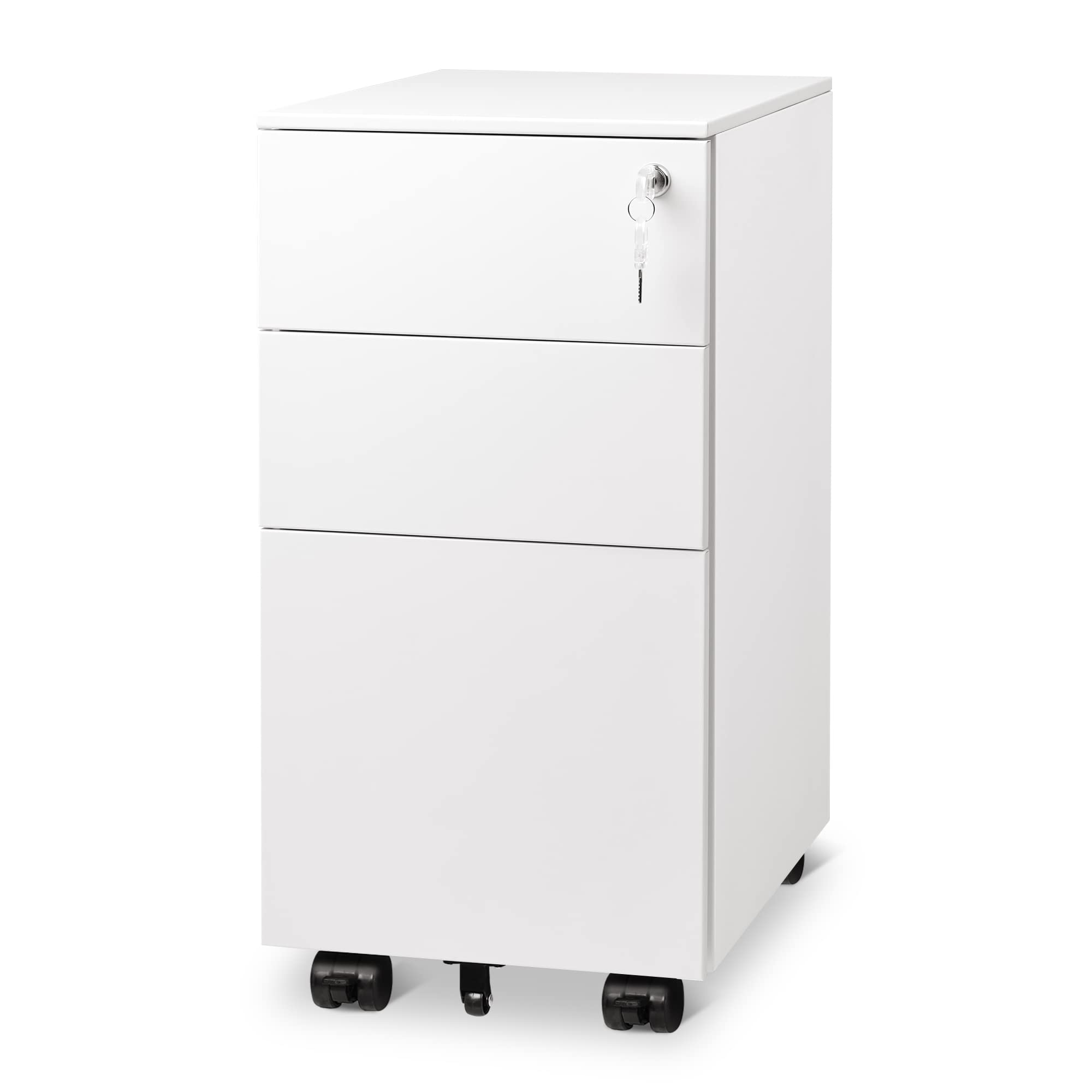 【送料無料】DEVAISE スリムワゴン デスクワゴン サイドワゴン オフィスワゴン キャビネット 幅300*奥行435*高さ600mm スリム型 コンパクトサイズ キャスター付き 鍵付き 3段オールロック A4対応 丈夫なスチール製 サビ止め塗装 ホワイト