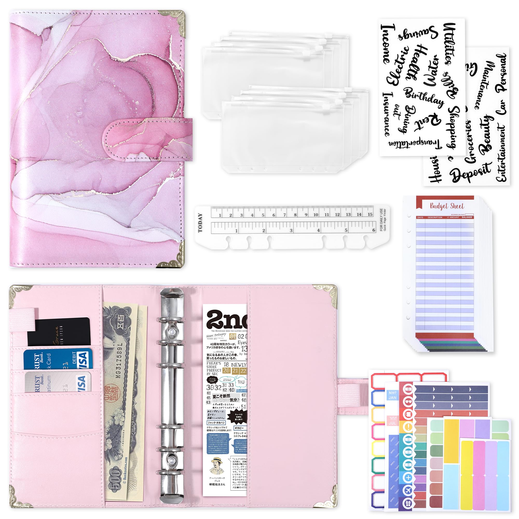 【送料無料】CAGIE 家計管理 バインダー PUレザー お金管理 手帳 ポケット8個付き ラベル付き便利セッ..