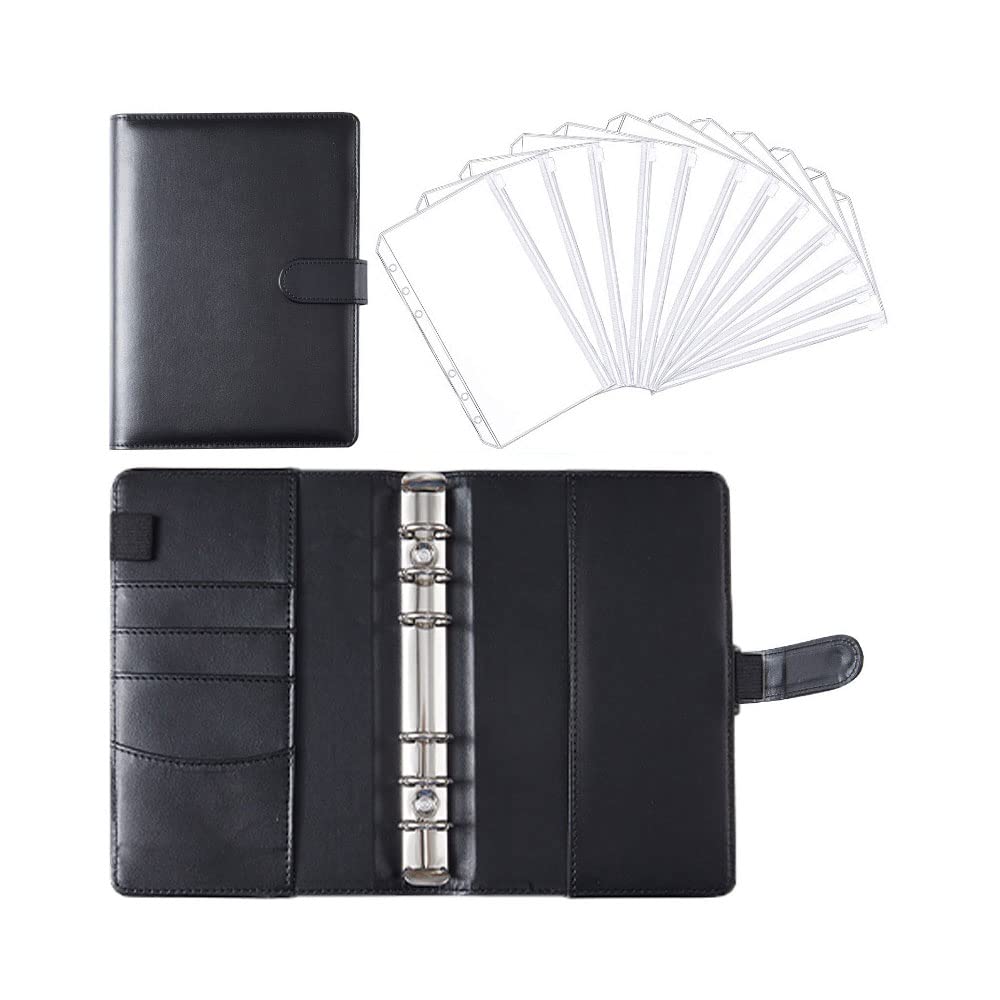 【送料無料】Costowns A6予算バインダー ジッパー封筒付 6穴 予算バインダーポケット12個付き ペンホルダー付き 5枚カード収納可 PUレザー予算管理用 現金用マネーオーガナイザー お金管理 手帳 家計管理 書類 札入れ 伝票 名刺 メモ紙入れ 10色選択 ct-68 (黒)