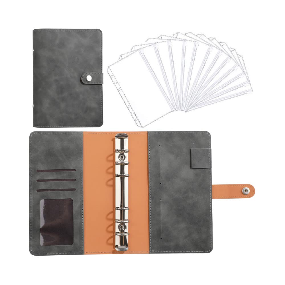 【送料無料】Costowns A6予算バインダー ジッパー封筒付 6穴 予算バインダーポケット12個付き ペンホルダー付き 5枚カード収納可 PUレザー予算管理用 現金用マネーオーガナイザー お金管理 手帳 家計管理 書類 札入れ 伝票 名刺 メモ紙入れ 10色選択 ct-68 (グレー)