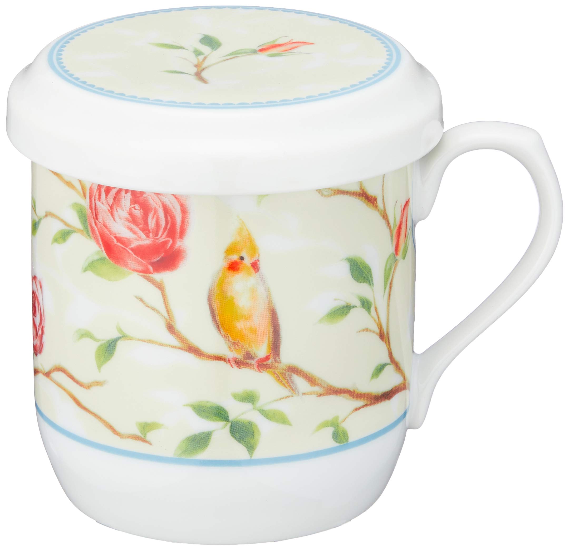 【送料無料】NARUMI(ナルミ) フタ付 マグカップ インコとバラ 290cc かわいい 茶こし付 蓋付きマグカップ 母の日 プレゼント 電子レンジ温め対応 日本製 ギフトボックス付き 41531-32930