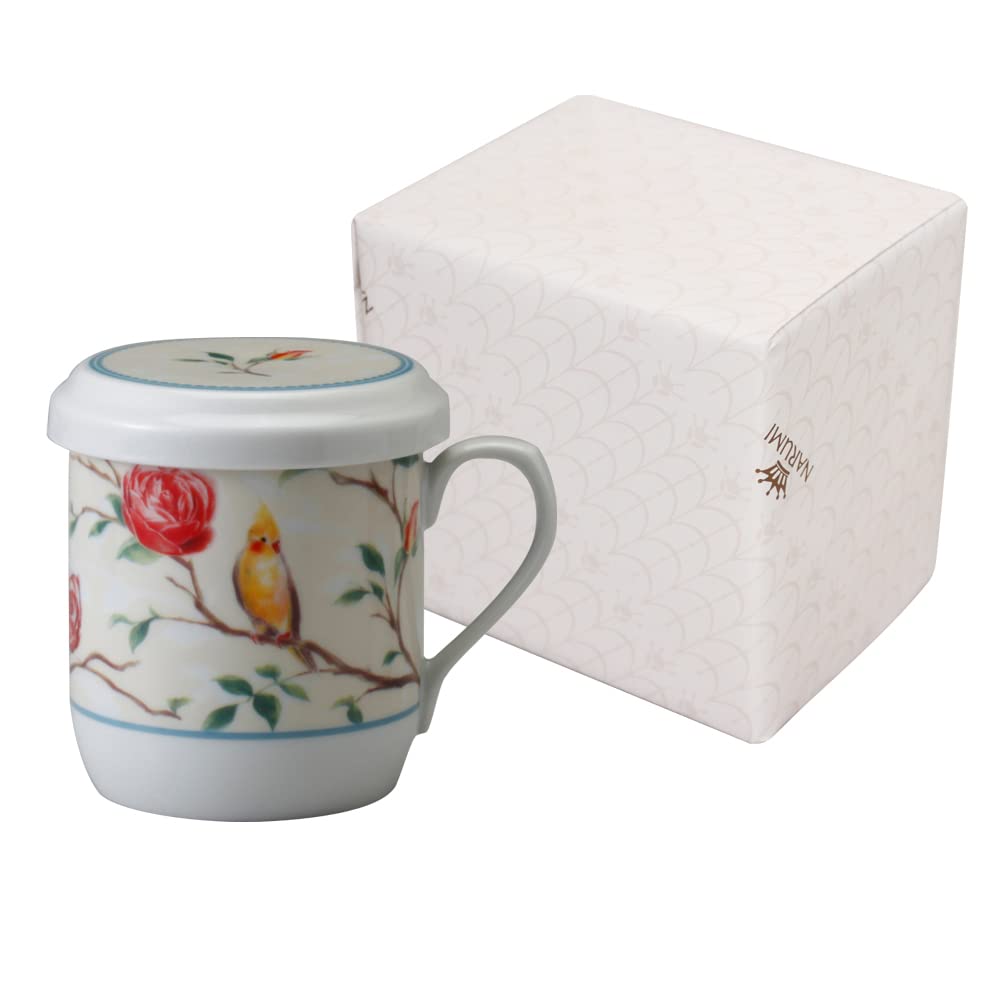 【送料無料】NARUMI(ナルミ) フタ付 マグカップ インコとバラ 290cc かわいい 茶こし付 蓋付きマグカップ 結婚祝い 母の日 プレゼント 電子レンジ温め対応 日本製 ギフトボックス付き ラッピング済 41531-32930AZ