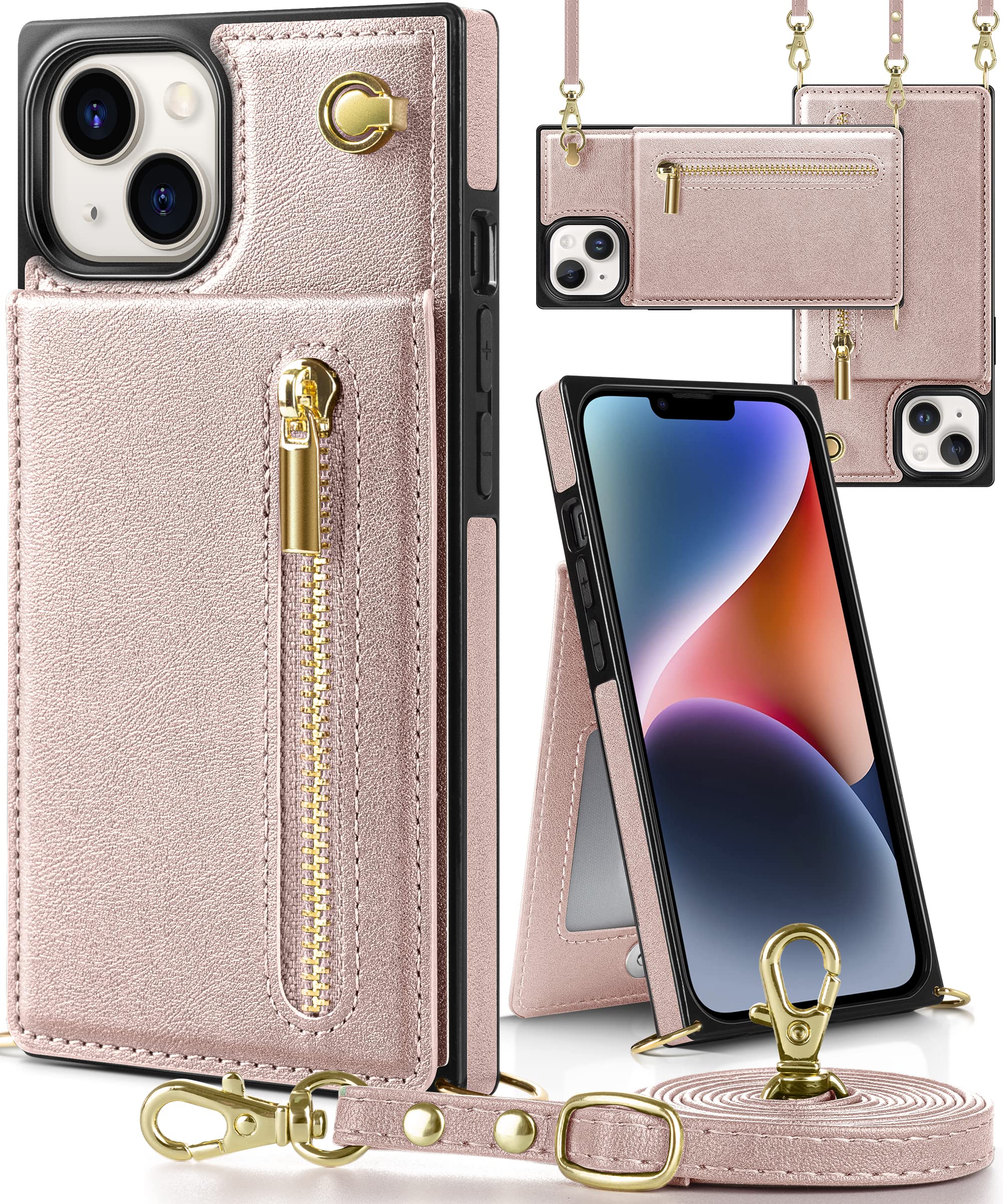 【送料無料】YIHARA iphone 14 ケース手帳型 iphone 14 スマホ ケース 財布型 iPhone 14 適用 携帯ケース 肩掛け 首かけ 斜めがけ ショルダー アイフォン14ケース手帳型 背面 カード収納 ストラップ付き 上下開 長さ調整可能 ピンク