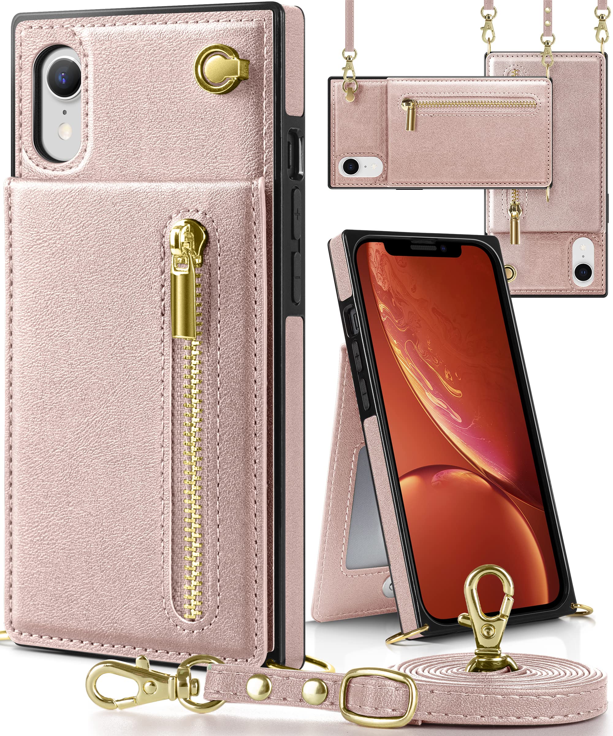 【送料無料】YIHARA iphone XR ケース手帳型 iphone XRスマホ ケース 財布型 iPhone XR適用 携帯ケース 肩掛け 首かけ 斜めがけ ショルダー アイフォンXR ケース手帳型 背面 カード収納 ストラップ付き 上下開 長さ調整可能 ピンク