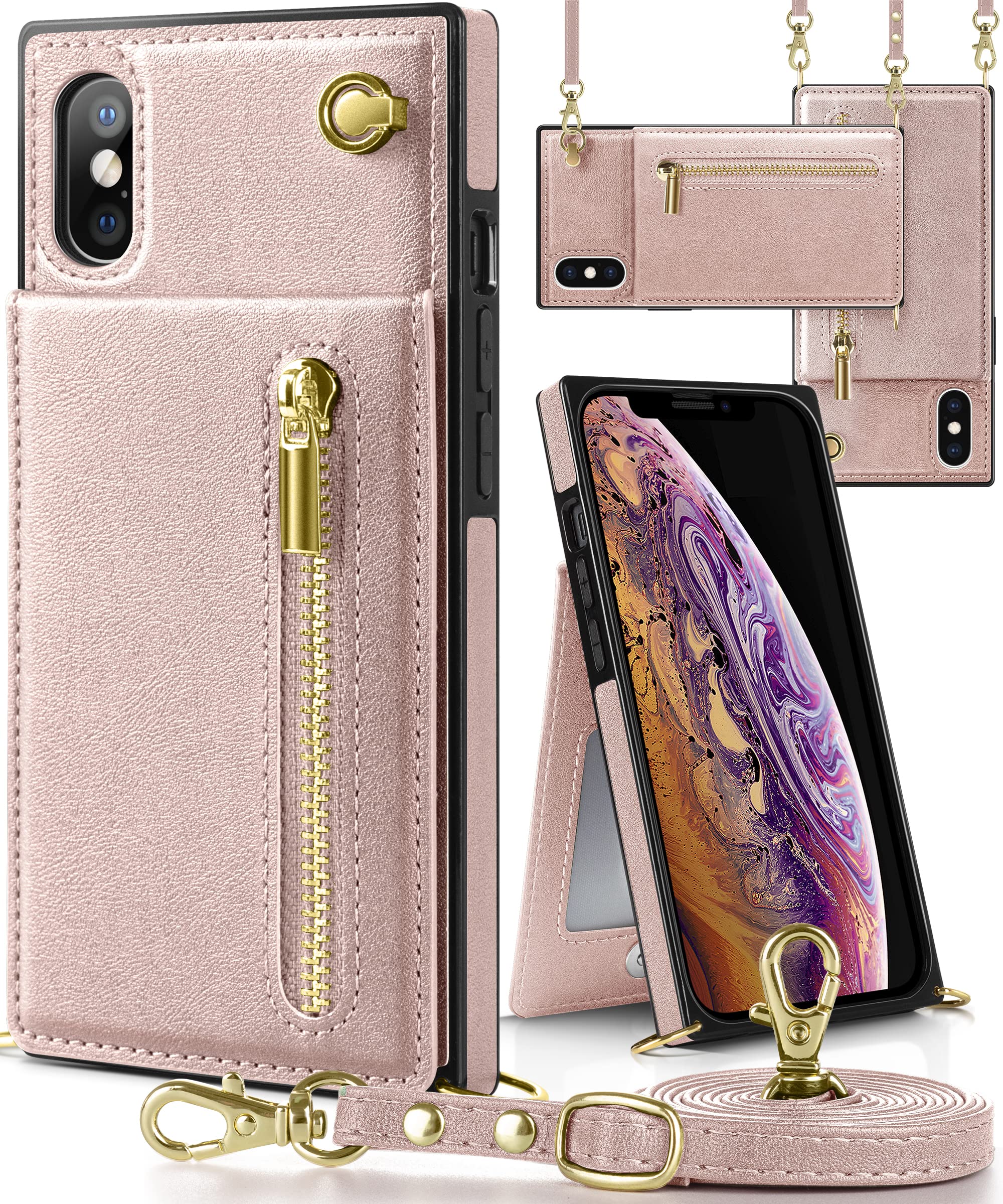 【送料無料】YIHARA iphone XS Max ケース手帳型 iphone XS Maxスマホ ケース 財布型 iPhone XS Max適用 携帯ケース 肩掛け 首かけ 斜めがけ ショルダー アイフォンXS Max ケース手帳型 背面 カード収納 ストラップ付き 上下開 長さ調整可能 ピンク