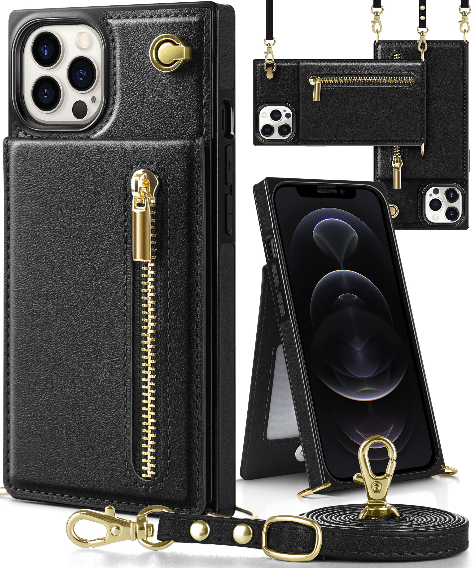 【送料無料】YIHARA iphone 12 ProMax ケース手帳型 iphone 12 ProMaxスマホ ケース 財布型 iPhone 12 ProMax適用 携帯ケース 肩掛け 首かけ 斜めがけ ショルダー アイフォン 12 ProMax ケース手帳型 背面 カード収納 ストラップ付き 上下開 長さ調整可能 ブラック