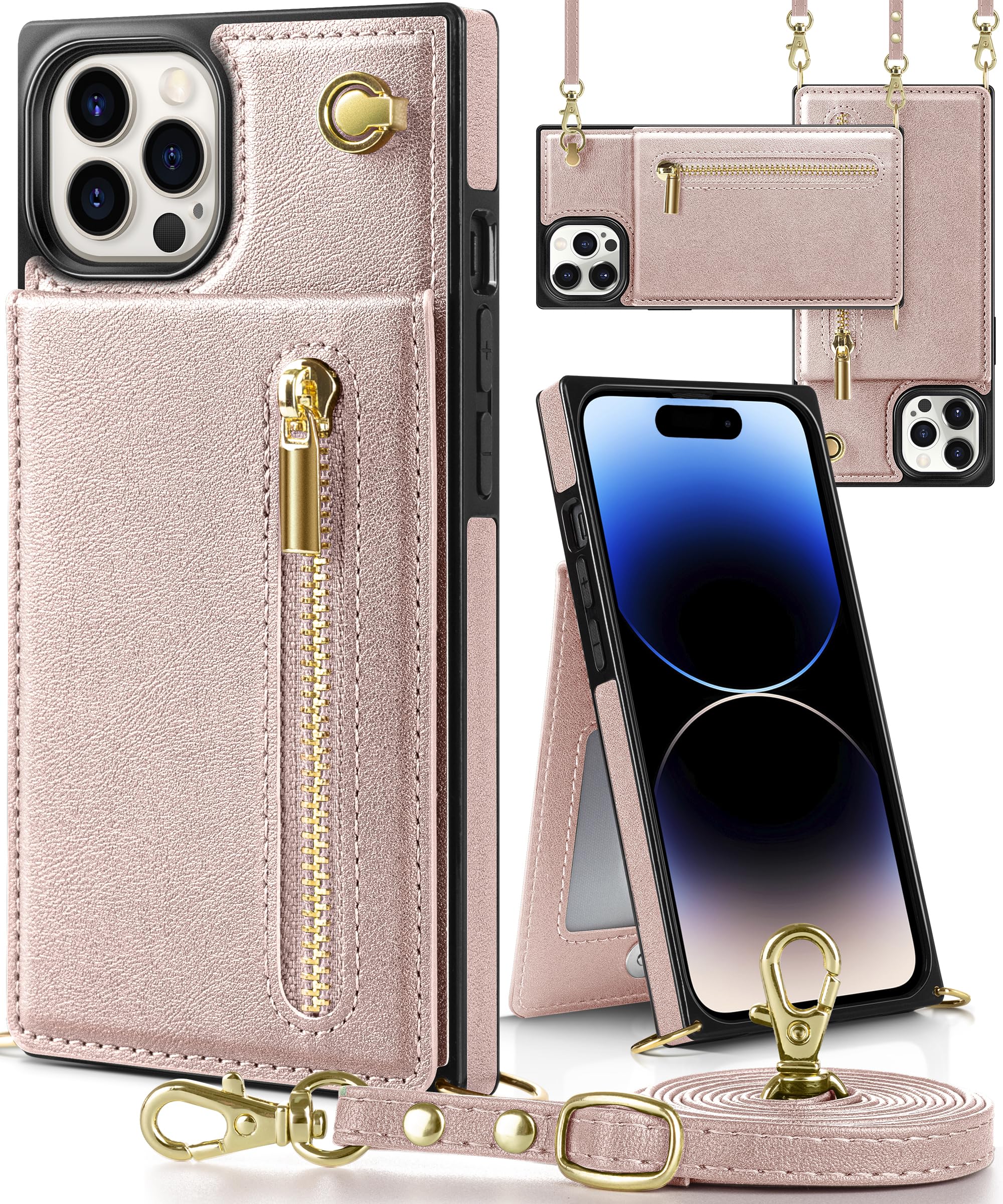 【送料無料】YIHARA iphone 15 Pro ケース手帳型 アイフォン15プロ スマホ ケース 財布型 iPhone 15 Pro 適用 携帯ケース 肩掛け 首かけ 斜めがけ ショルダー アイフォン15 Proケース手帳型 背面 カード収納 ストラップ付き 上下開 長さ調整可能 ピンク