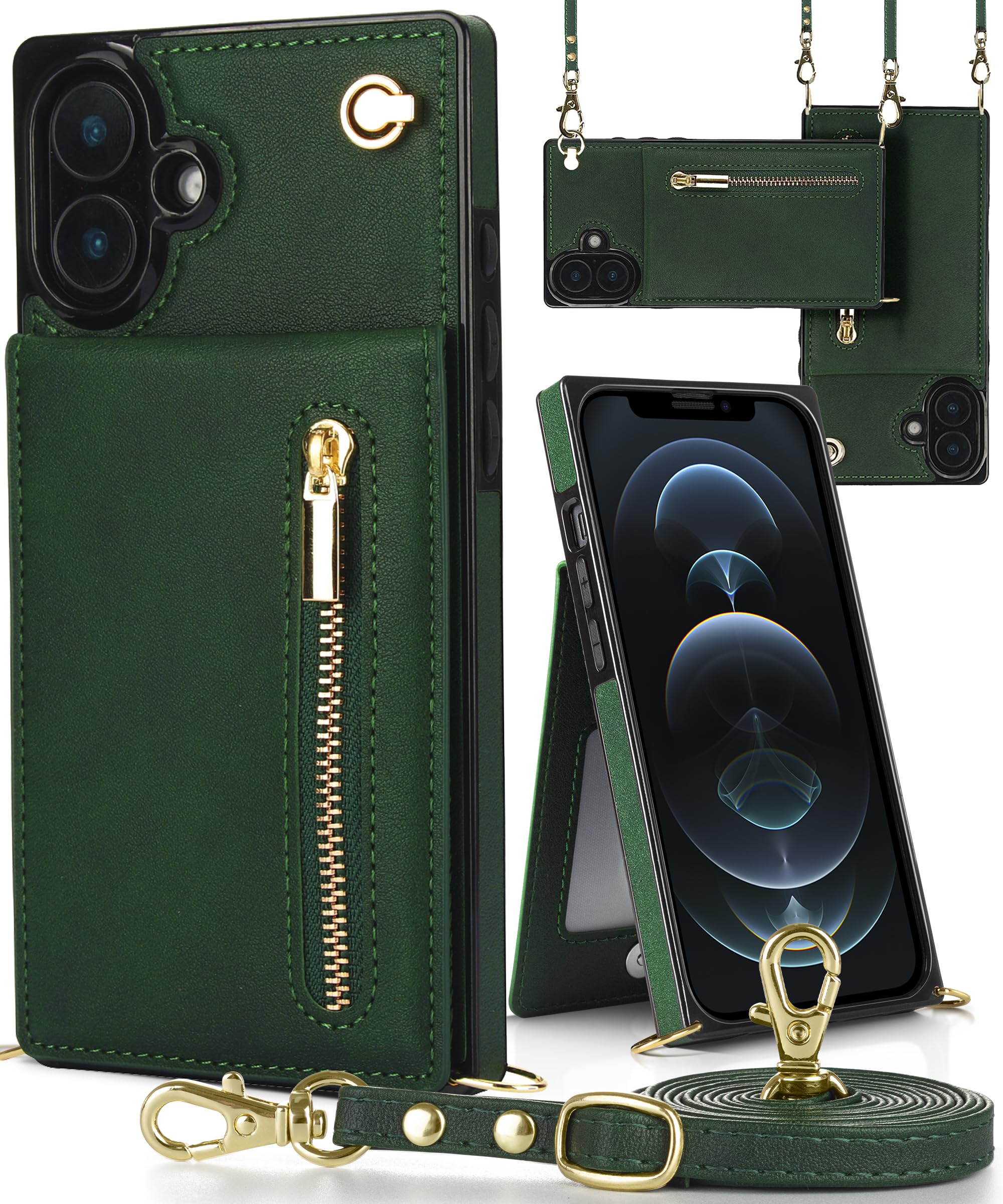 【送料無料】YIHARA iphone 16 ケース手帳型 iphone 16 スマホ ケース 財布型 iPhone 16 適用 携帯ケース 肩掛け 首かけ 斜めがけ ショルダー アイフォン16ケース手帳型 背面 カード収納 ストラップ付き 上下開 長さ調整可能 グリーン