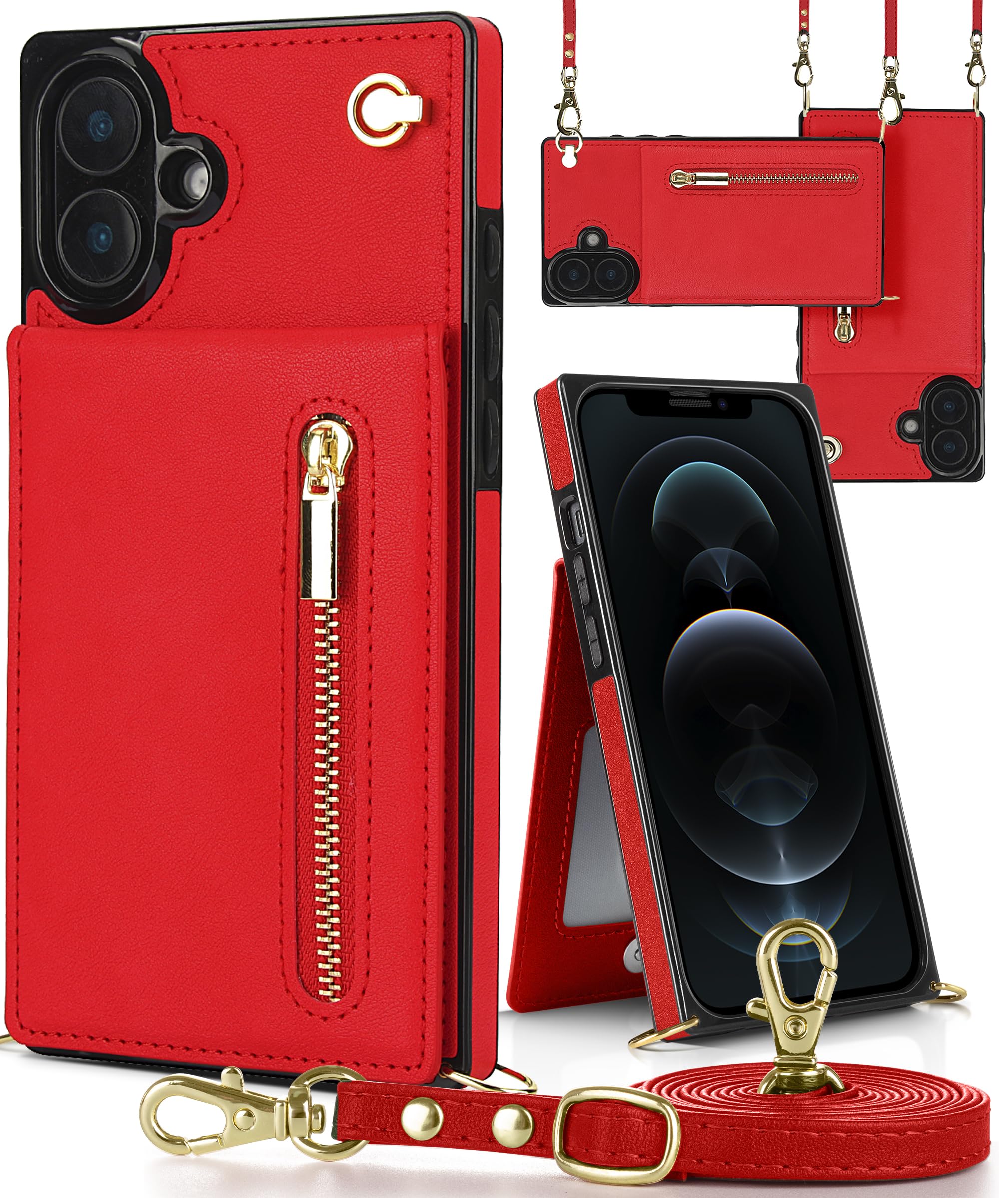 【送料無料】YIHARA iphone 16 ケース手帳型 iphone 16 スマホ ケース 財布型 iPhone 16 適用 携帯ケース 肩掛け 首かけ 斜めがけ ショルダー アイフォン16ケース手帳型 背面 カード収納 ストラップ付き 上下開 長さ調整可能 レッド