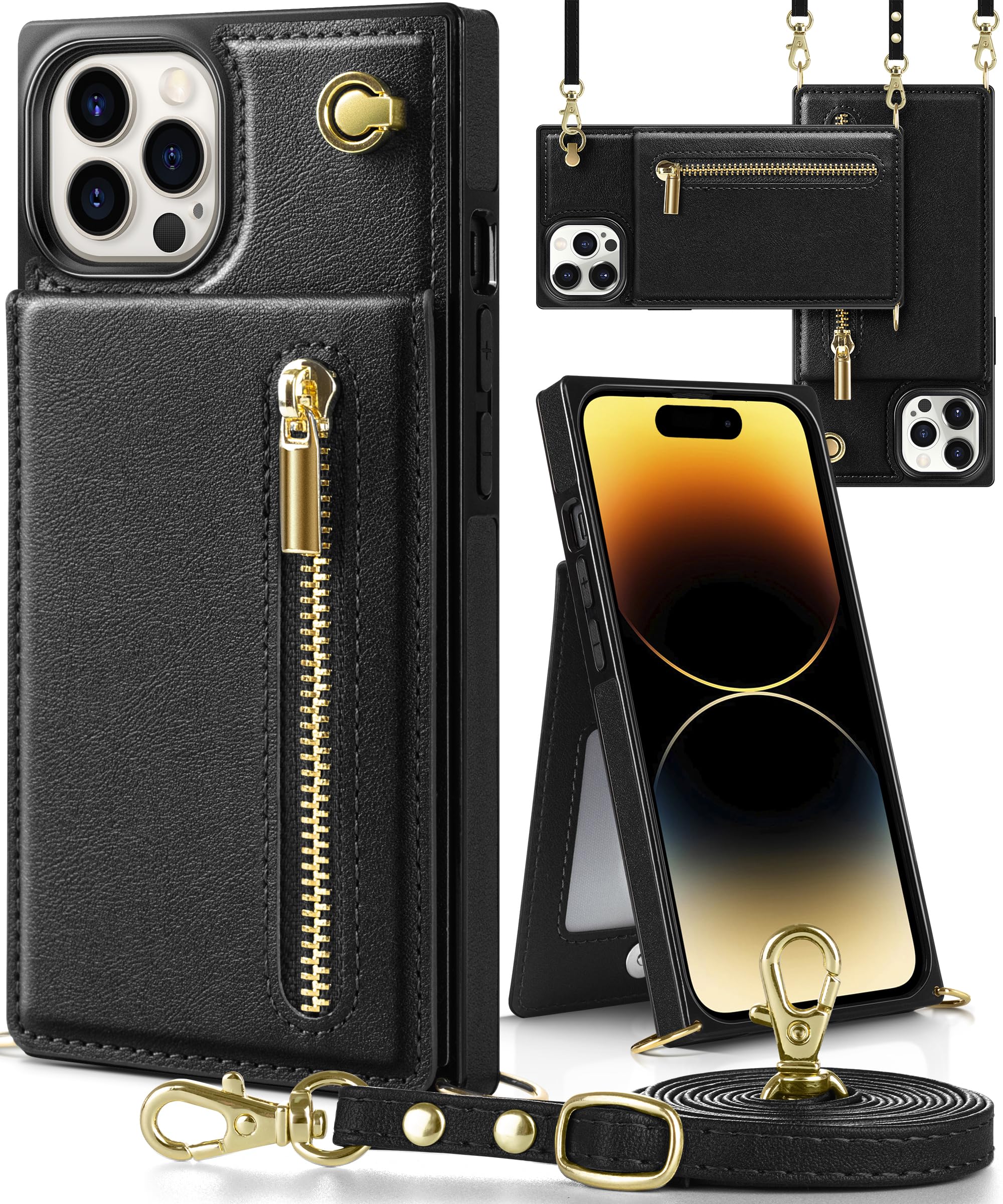 【送料無料】YIHARA iphone 16 Pro ケース手帳型 アイフォン16プロ スマホ ケース 財布型 iPhone 16 Pro 適用 携帯ケース 肩掛け 首かけ 斜めがけ ショルダー アイフォン16 Proケース手帳型 背面 カード収納 ストラップ付き 上下開 長さ調整可能 ブラック