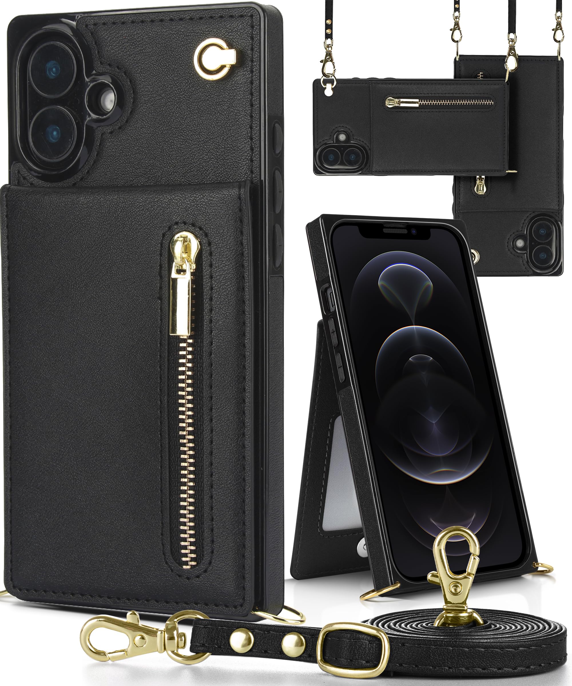 【送料無料】YIHARA iphone 16 ケース手帳型 iphone 16 スマホ ケース 財布型 iPhone 16 適用 携帯ケース 肩掛け 首かけ 斜めがけ ショルダー アイフォン16ケース手帳型 背面 カード収納 ストラップ付き 上下開 長さ調整可能 ブラック