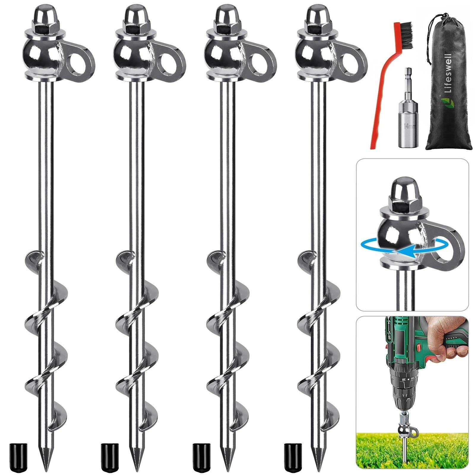 【送料無料】Lifeswell テント杭 4本パック 12インチ 高耐久 グラウンドアンカー 完全溶接 ねじ込み簡..