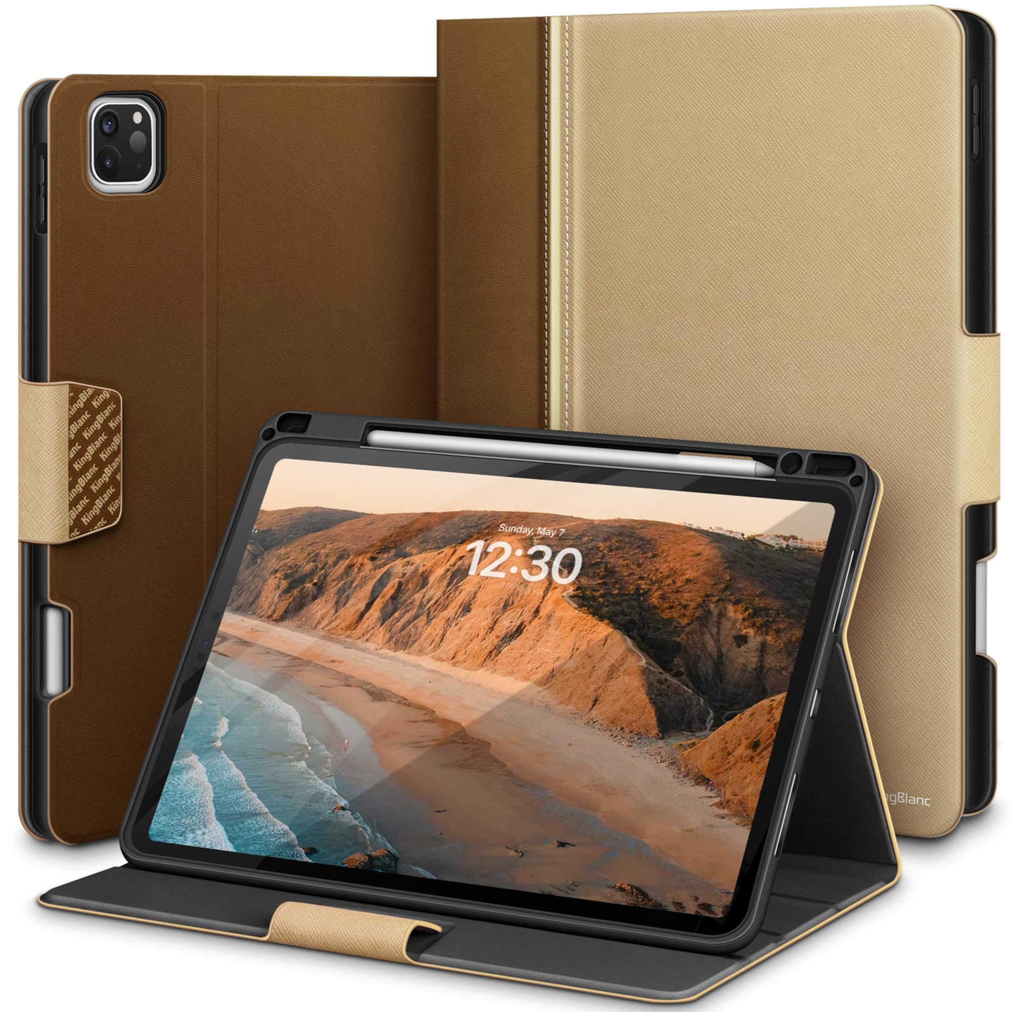 【送料無料】KingBlanc iPad Pro 12.9 インチ ケース 第6/5/4/3世代(2022/2021/2020/2018モデル) 手帳型 ペンシルホルダー付き ペン収納可能 オートスリープ・ウェイク Apple Pencil 2の充電対応 高級PUレザー 手書き角度 全面保護 傷つけ防止 スマートカバー, ベージュ