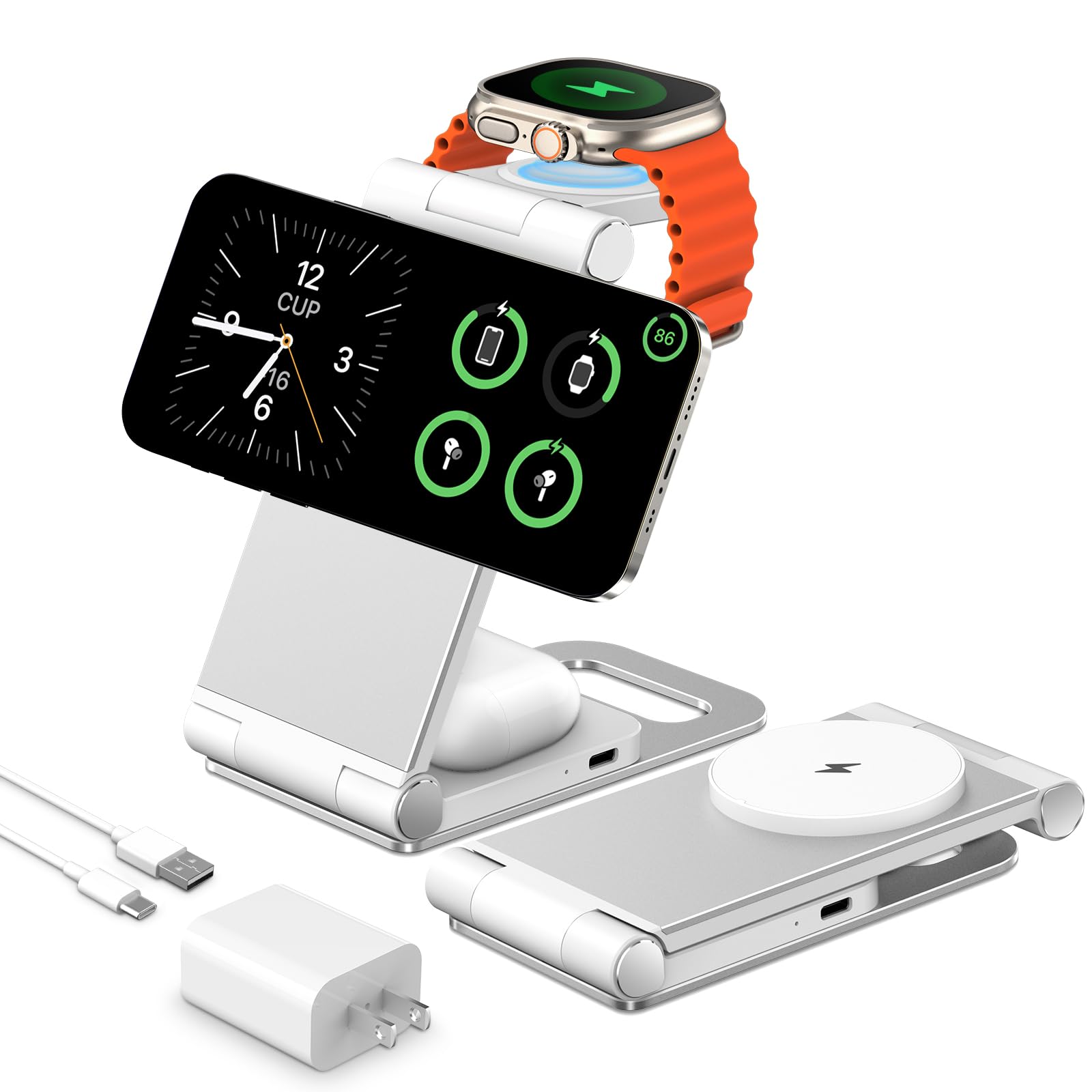 【送料無料】JOYYTECH ワイヤレス充電器 マグセーフ充電器 apple watch 充電器 アップルウォッチ充電器 3in1充電器 折りたたみ式 15W 急速充電マグネット式 iPhone 充電スタンド アイフォン 充電器 iPhone 16/15/14/13/12/Apple Watch/Airpodsに対応 置くだけ充電 オフィス/