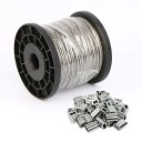 【送料無料】ステンレス ワイヤーロープ ワイヤー テント 物干しロープ 直径2mm 30m巻 7×7構造 切断荷重295kg 8文字型アルミスリーブ付き 50個入り 地震対策 台風対策 牽引 固定 防錆性 落下防止 林業 DIY フェンス