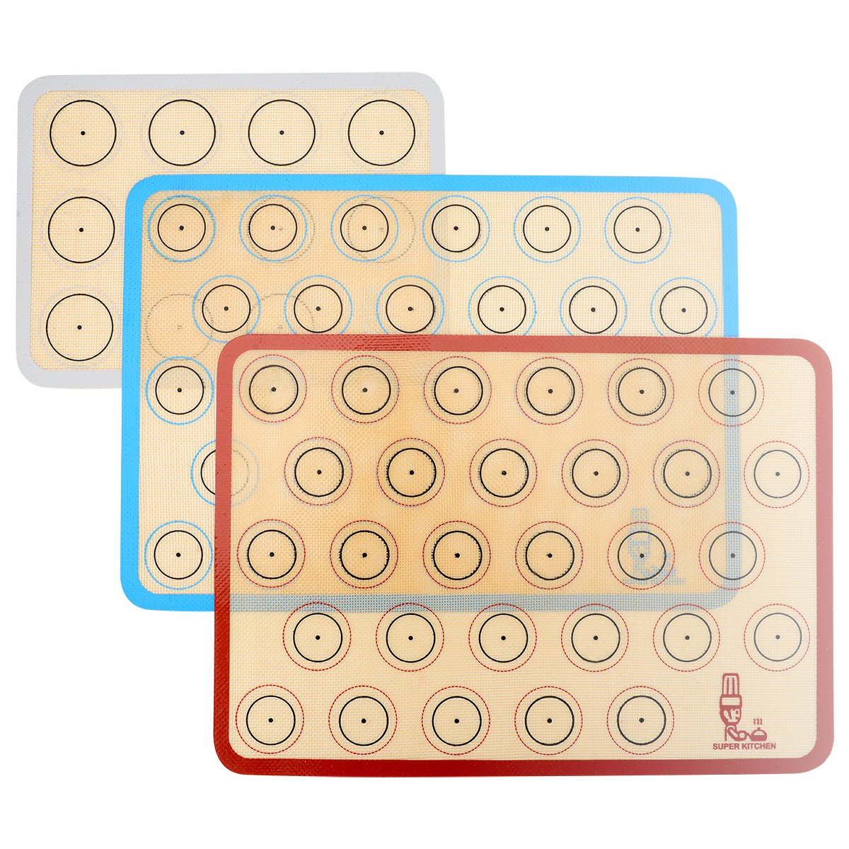 【送料無料】SUPER KITCHENマカロン クッキー シートクッキングマット 3枚セット 食品級シシリコン 製菓マット キッチン パン/クッキー/ピザ ベーキングマット オーブン 電子レンジ 対応 耐熱 プレースマット (レッド青グレー, 42x29.5cm、29.2×21.6cm)