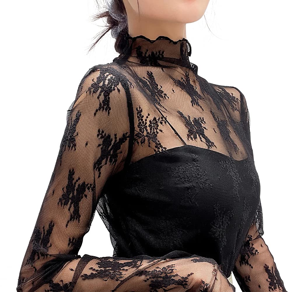 【送料無料】[PALAME] シアー トップス 総レース シースルー レディース 春 秋 絶妙な透け感・肌見せ・重ね着・着回し力 高伸縮 ブラウス チュール メロー加工 ハイネック インナー 軽量 薄手 長袖 花柄 春 夏 秋 (花柄ーブラック)