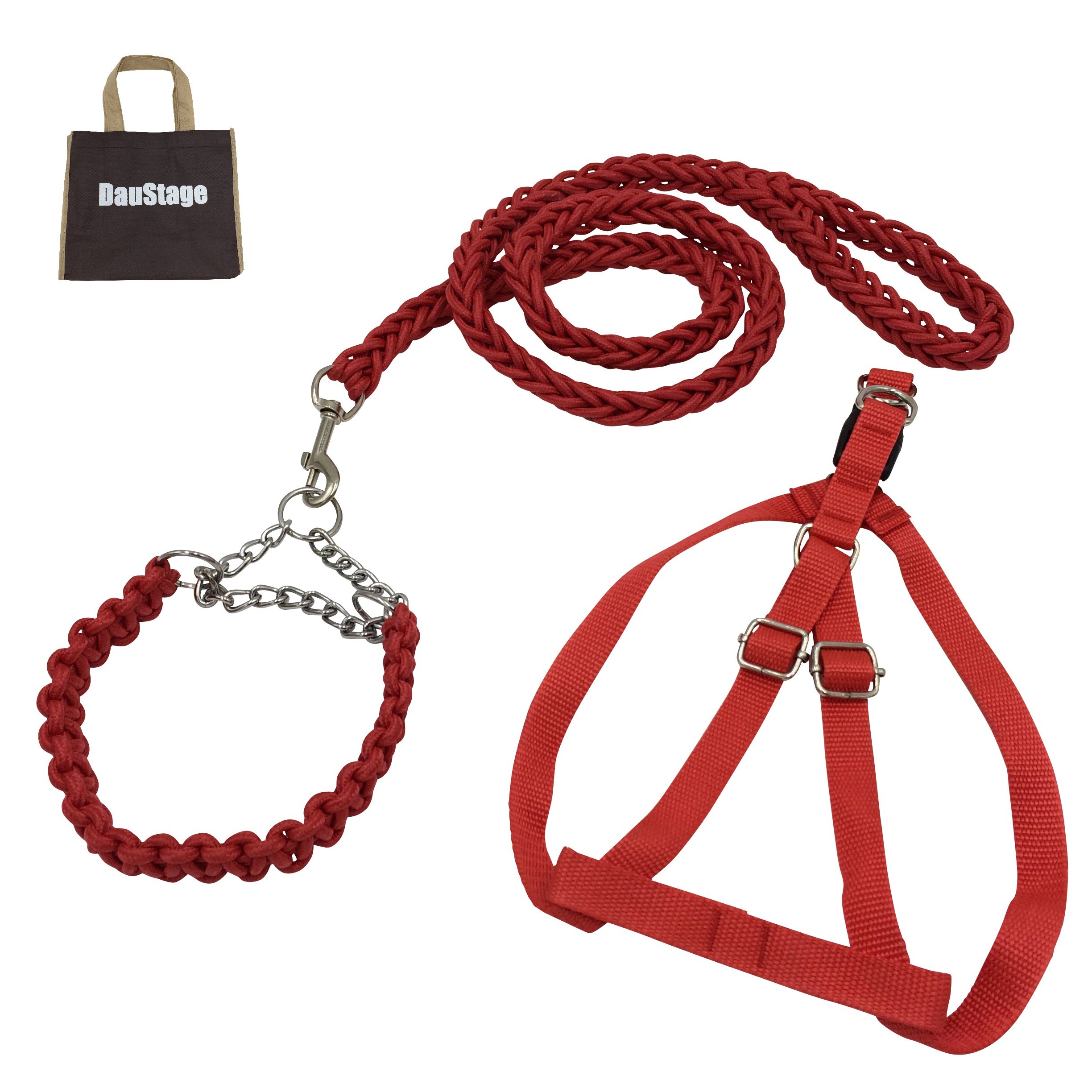 【送料無料】編込み タイプ チョーク 首輪 ハーネス リード 【DauStage】 小型犬 中型犬 大型犬 トートバッグ 付き 4点セット (M, レッド)