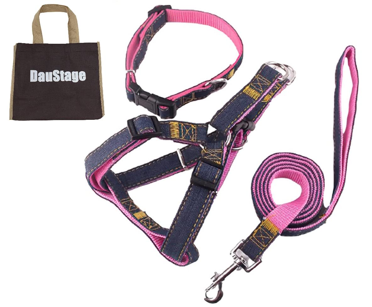 【送料無料】(DauStage) デニム 素材 ハーネス リード 首輪 セット 選べる 3色 4サイズ 小型 中型 大型 犬用 トートバッグ付き (M, ピンク)