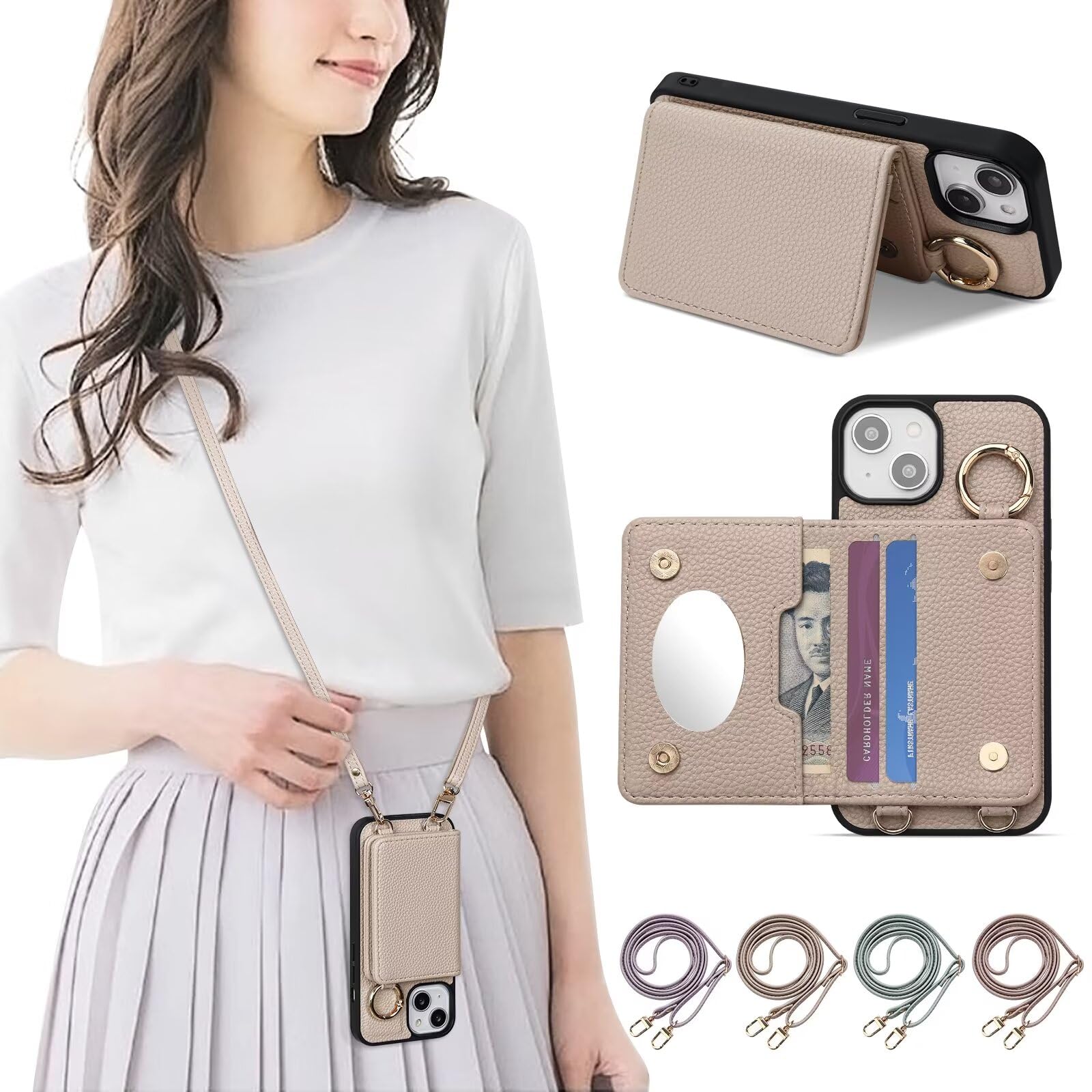 【送料無料】Chillchi iPhone16Plus ケース 手帳型 ショルダー おしゃれ スマホケース iPhone16Plus 手帳型 ショルダー 斜めがけ 肩掛け 首掛け リング付きiPhone16Plus スマホカバー ショルダー 収納 ミラー付き 首かけ 女性 軽量 PUレザー 携帯ケース カード収納 取り外し