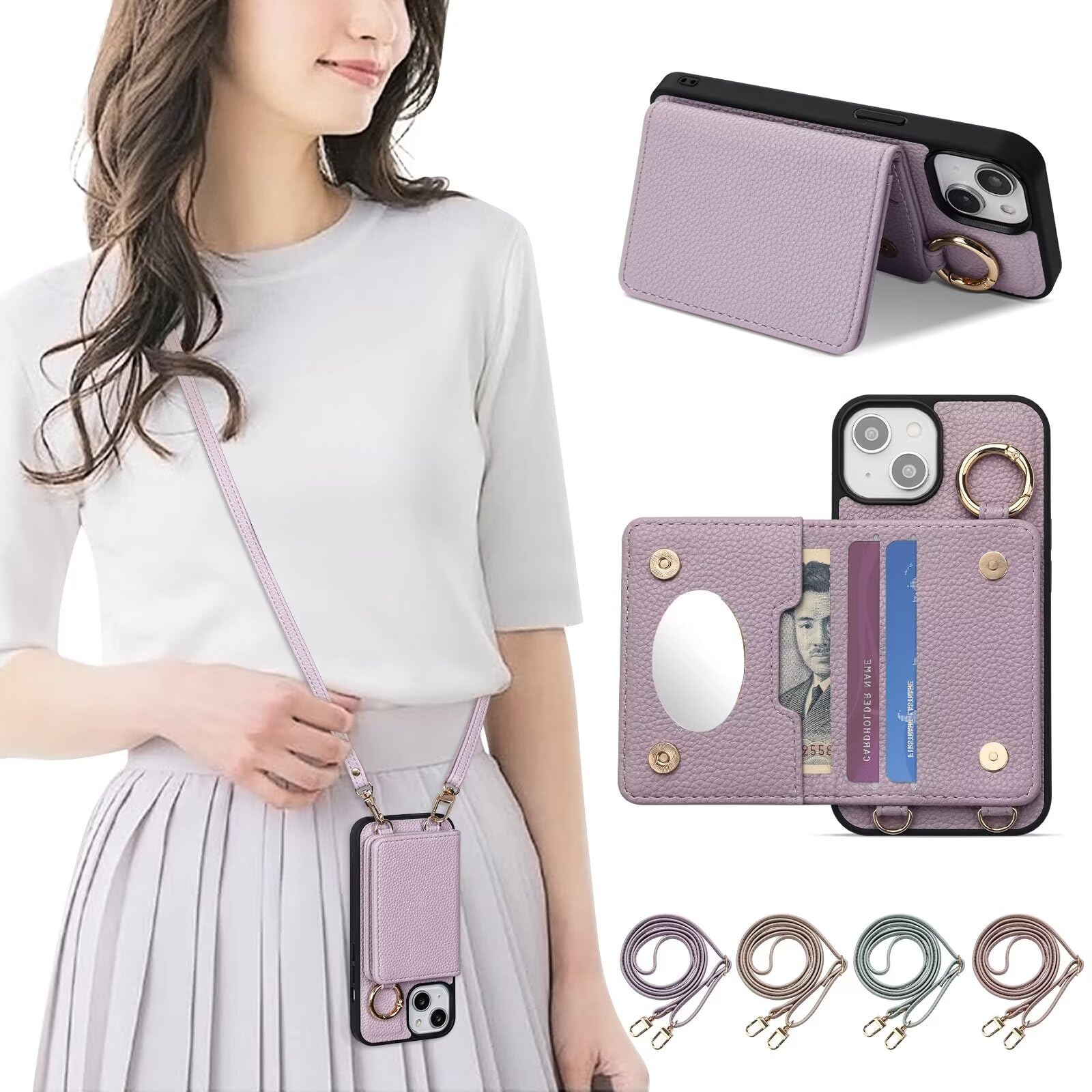 【送料無料】Chillchi iPhone15Pro ケース 手帳型 ショルダー おしゃれ スマホケース iPhone15Pro 手帳型 ショルダー 斜めがけ 肩掛け 首掛け リング付きiPhone15Pro スマホカバー 手帳型ケース ショルダー 収納 ミラー付き 首かけ 女性 軽量 PUレザー 耐衝撃 携帯ケース カ