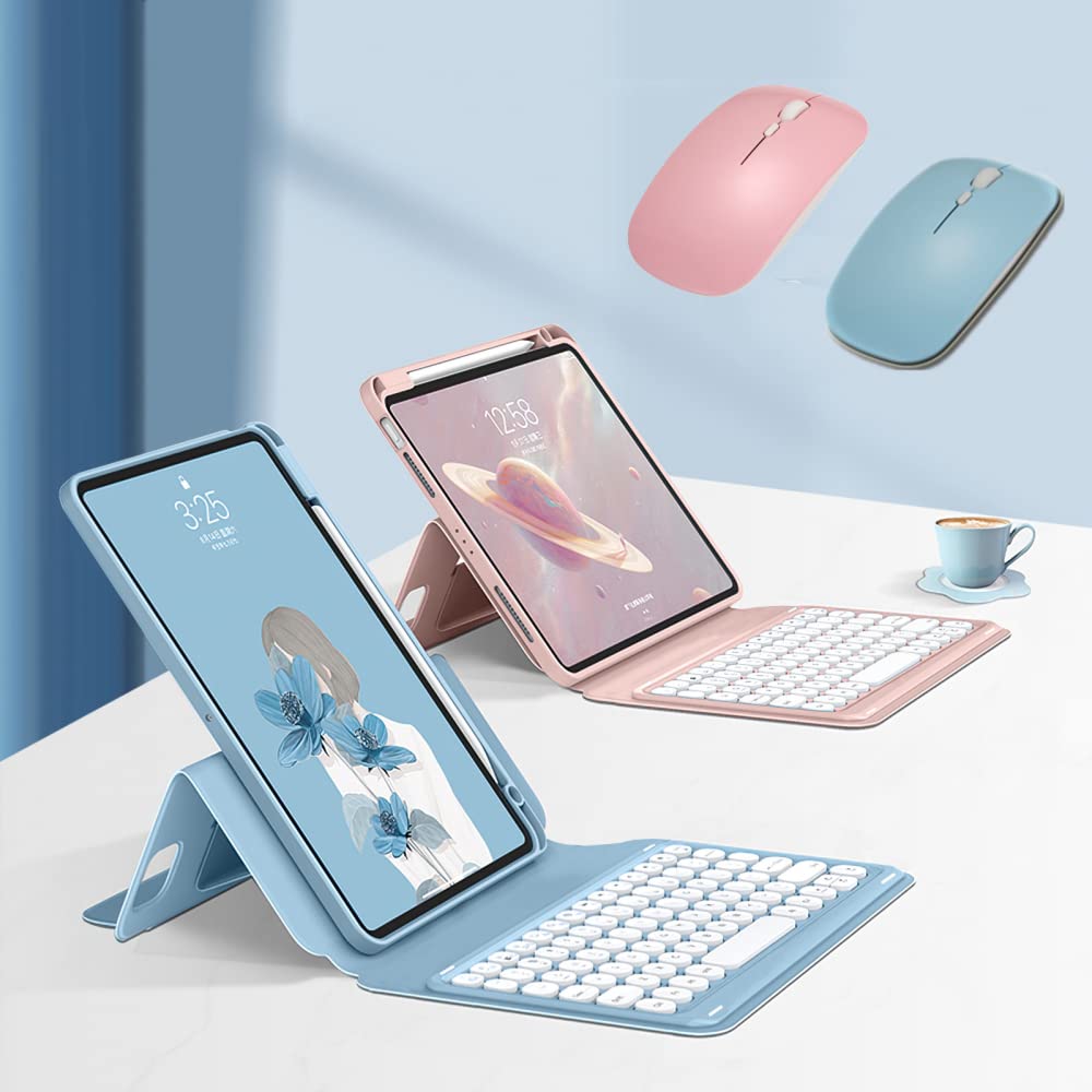 【送料無料】マウス付き iPad 第10世代 キーボード ケース 縦置き 磁気吸着 丸いキー iPad 10 2022 10.9 インチ マグネット式 透明カバー 分離式 カラーキーボード ワイヤレス ペンシル収納 (ミント+ミントマウス)
