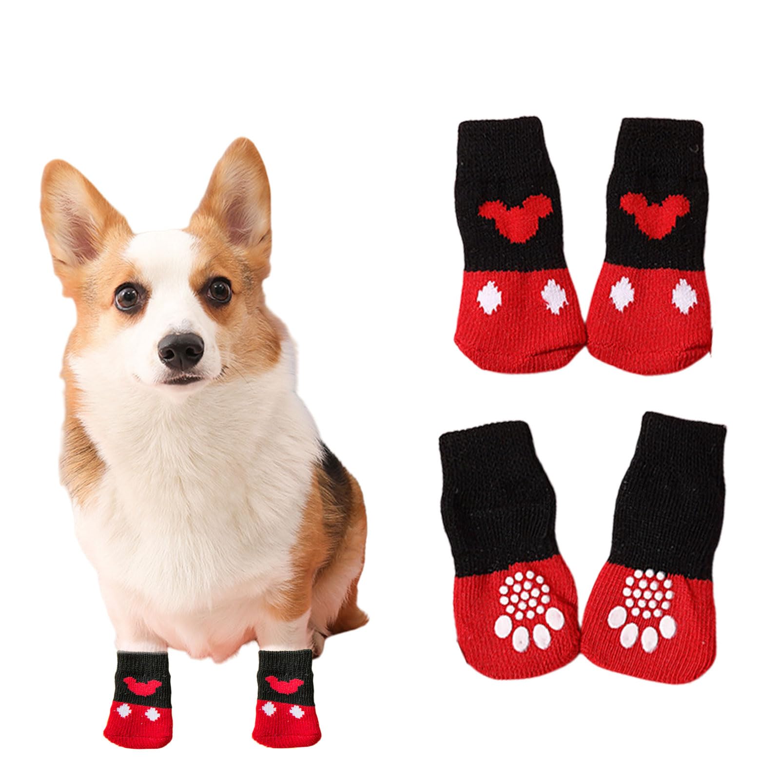 【送料無料】犬 靴下 4個セット 犬用靴下 滑り止め 脱げない 犬 ソックス 肉球保護 防寒 可愛い ペット 靴下 舐め防止 汚れ防止 室内 室外 お出かけ 小型犬 中型犬 (レッド, S)