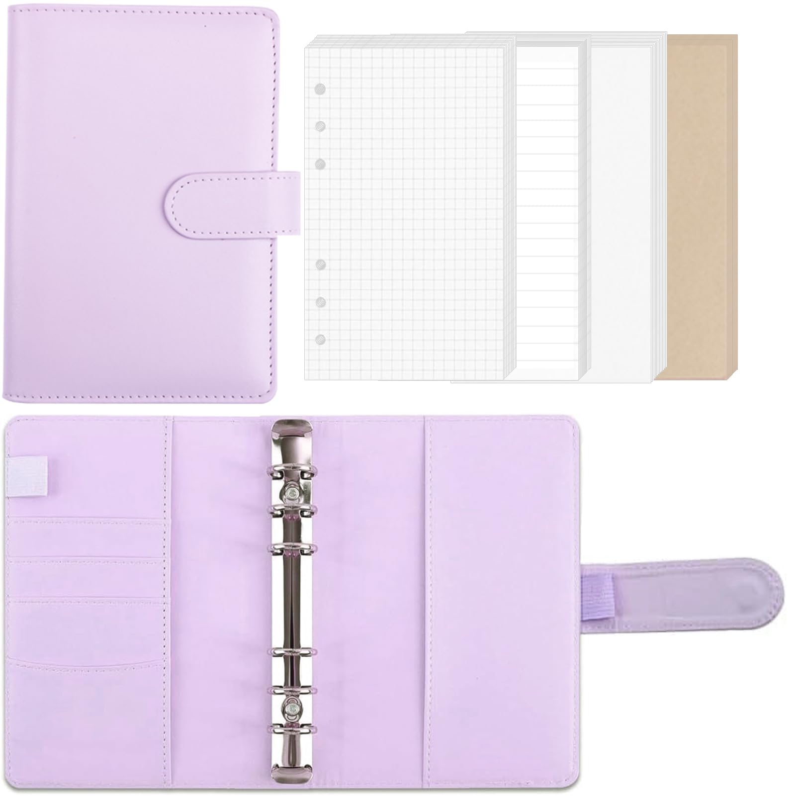 【送料無料】Sitengle A6 バインダー 6穴 予算バインダー PUレザー リフィル80枚付き マグネットバックル ノートブックバインダー 詰め替え可能 6リング予算バインダーカバー 家計管理 お金管理 ルーズリーフバインダー システム手帳 (パープル)