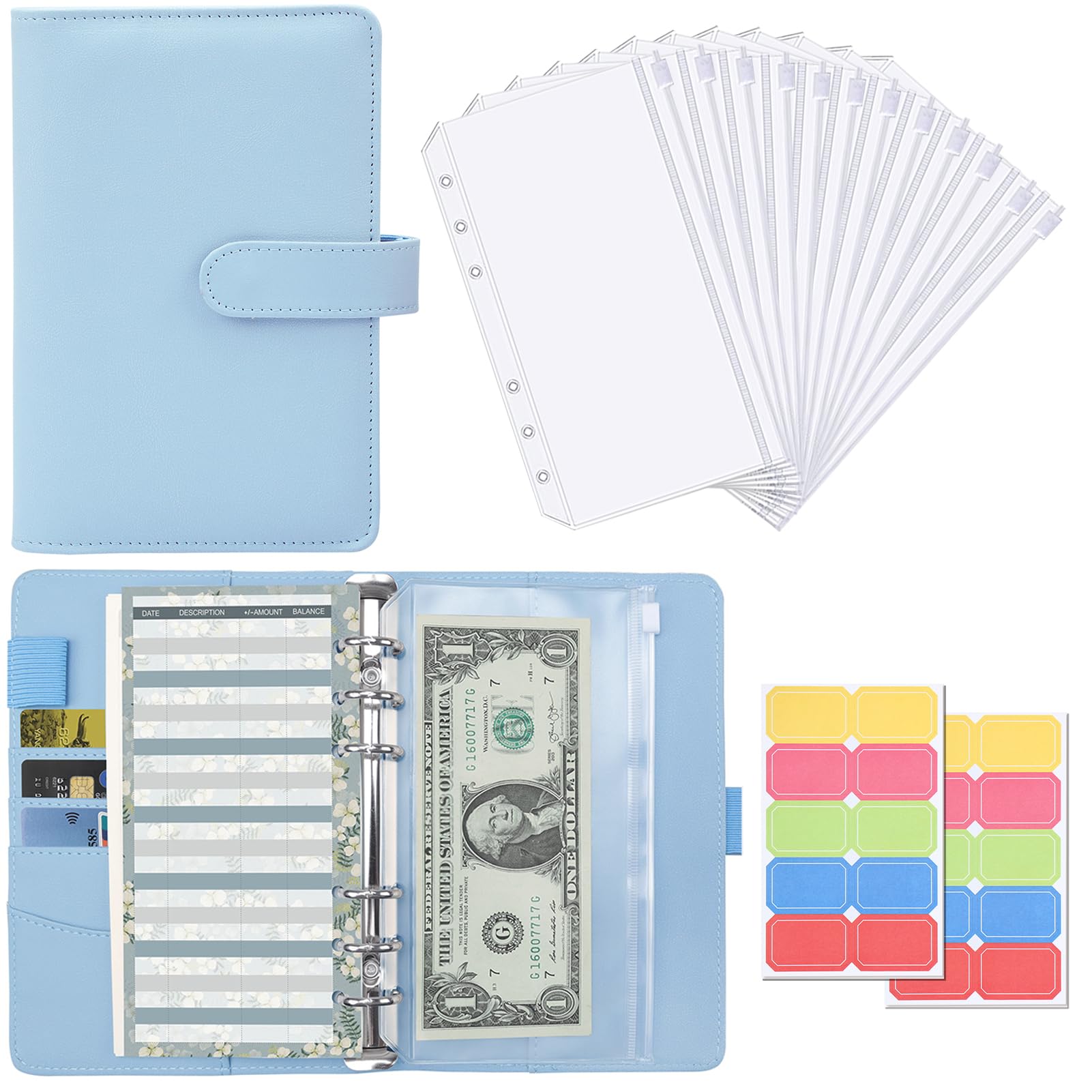 【送料無料】Sitengle A6 バインダー 6穴 予算バインダー PUレザー ポケット12個付き ラベル付き便利セット 家計管理 お金管理 家計簿 書類・伝票・名刺・メモ紙入れ ルーズリーフバインダー システム手帳 (簡易セット(ブルー))
