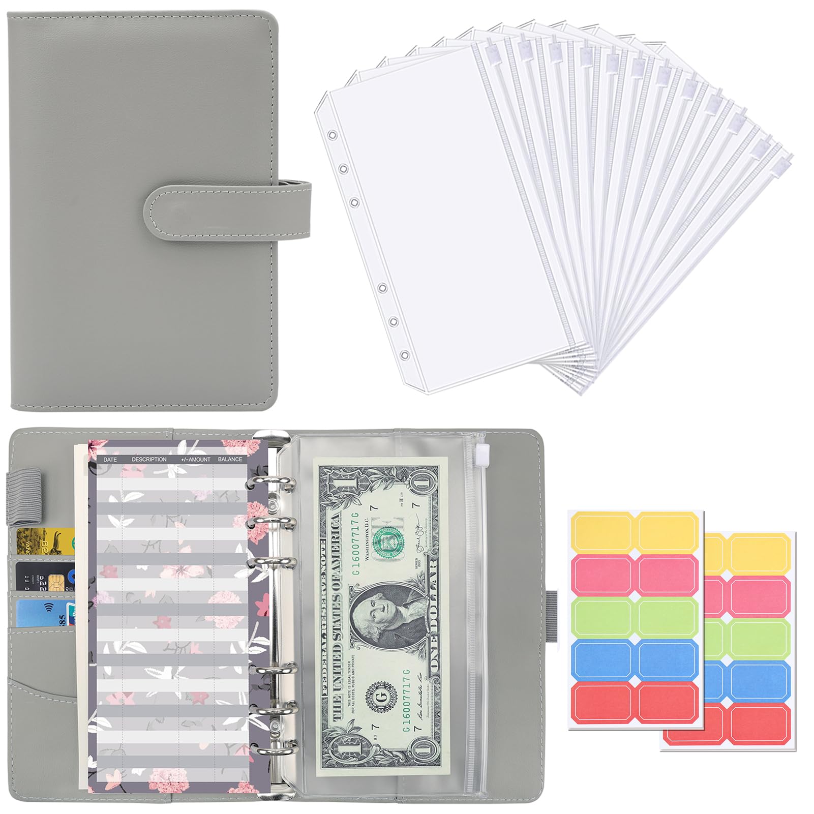 【送料無料】Sitengle A6 バインダー 6穴 予算バインダー PUレザー ポケット12個付き ラベル付き便利セット 家計管理 お金管理 家計簿 書類・伝票・名刺・メモ紙入れ ルーズリーフバインダー システム手帳 (簡易セット(グレー))