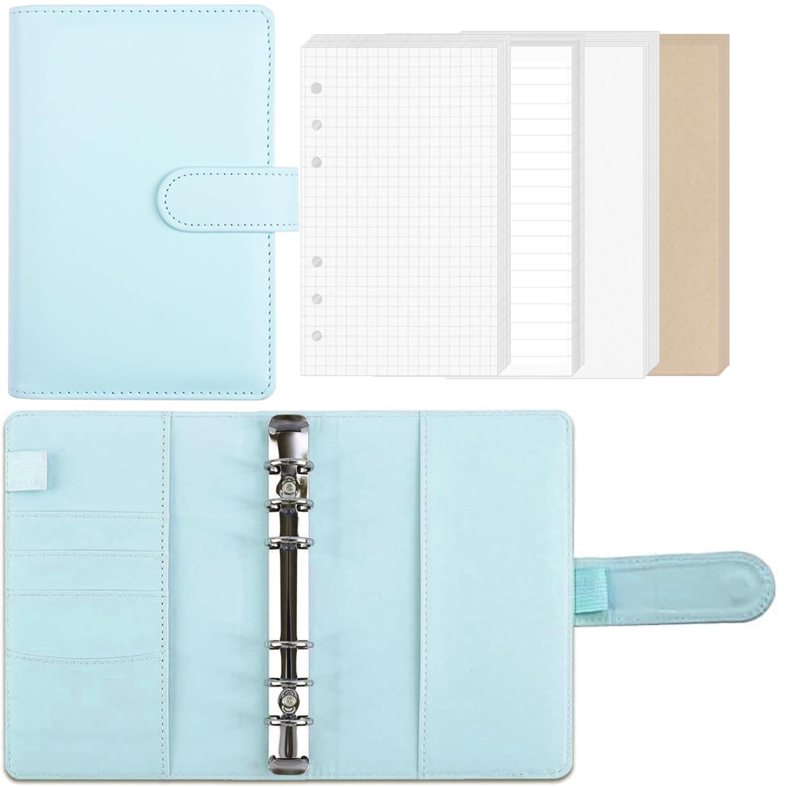 【送料無料】Sitengle A6 バインダー 6穴 予算バインダー PUレザー リフィル80枚付き マグネットバックル ノートブックバインダー 詰め替え可能 6リング予算バインダーカバー 家計管理 お金管理 ルーズリーフバインダー システム手帳 (ライトブルー)