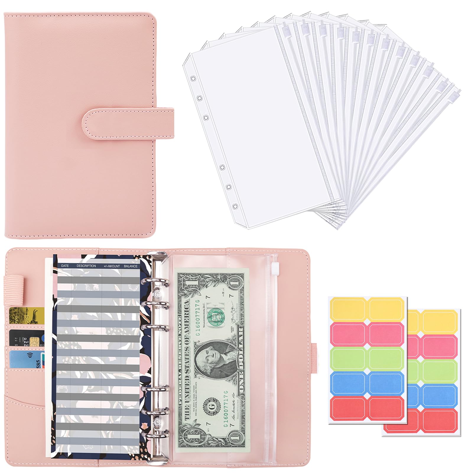 【送料無料】Sitengle A6 バインダー 6穴 予算バインダー PUレザー ポケット12個付き ラベル付き便利セット 家計管理 お金管理 家計簿 書類・伝票・名刺・メモ紙入れ ルーズリーフバインダー システム手帳 (簡易セット(ピンク))