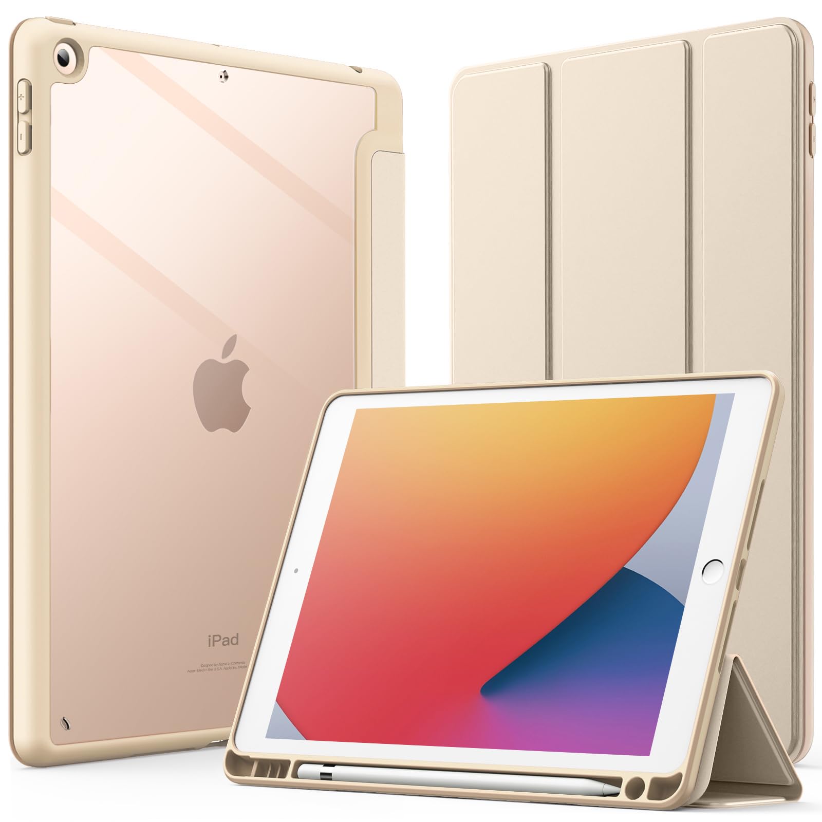 【送料無料】JEDirect iPad 10.2インチ ケース（第9/8/7世代、2021/2020/2019モデル用） Pencil収納可能 透明バックカバー 薄型 スタンド 衝撃吸収 タブレットカバー オートウェイク/スリープ機能 (ゴールド)
