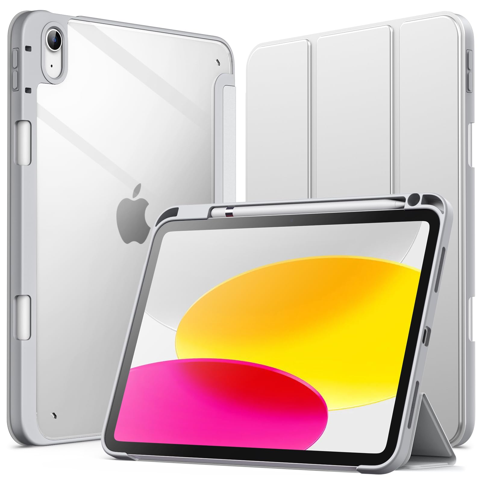 【送料無料】JEDirect iPad 10 ケース（10.9インチ、2022モデル、第10世代用） Pencil収納可能 透明バックカバー 薄型 スタンド 衝撃吸収 タブレットカバー オートウェイク/スリープ機能 (シルバー)