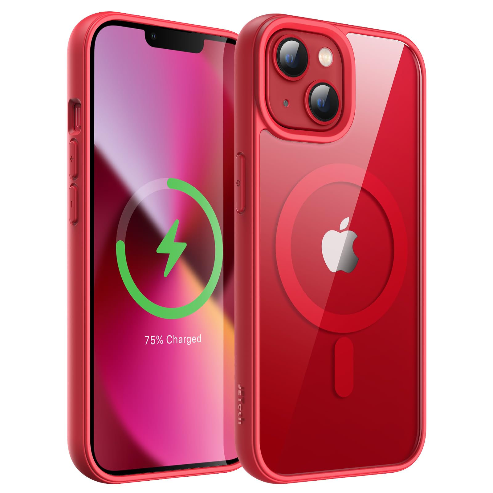 【送料無料】JEDirect iPhone 13 mini 5.4インチ用 マグネット ケース MagSafeに対応 衝撃吸収 バンパーカバー ソリッドカラーマットTPUフレーム 傷つけ防止 クリアバック (レッド)