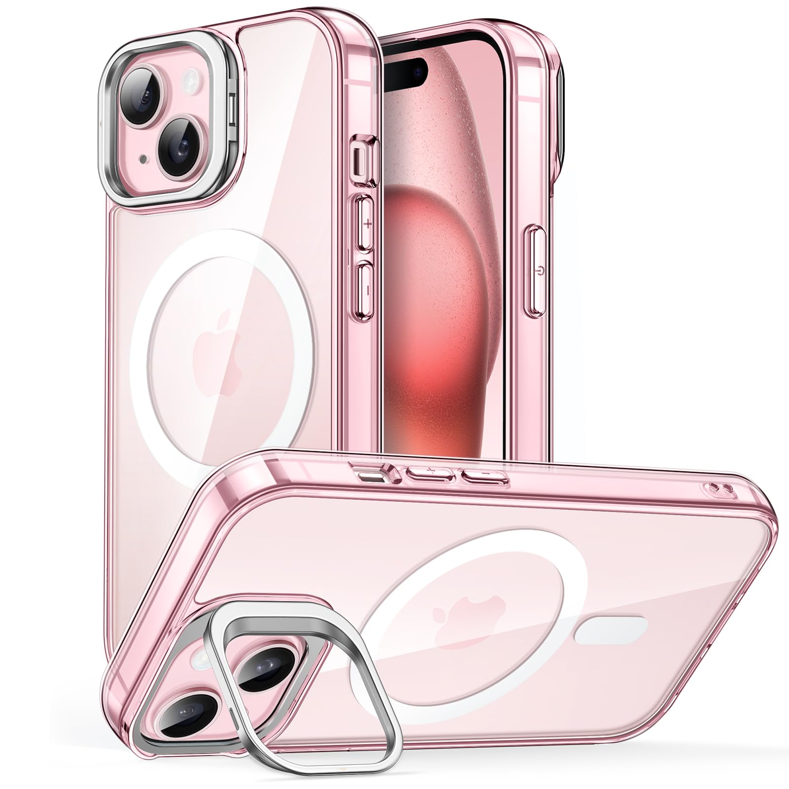 【送料無料】JETech キックスタンドケース iPhone 15 6.1インチ用 MagSafe対応 カメラリングスタンド内蔵 耐衝撃スマホバンパーカバー 傷防止 マグネット式 クリアバック (ピンク)
